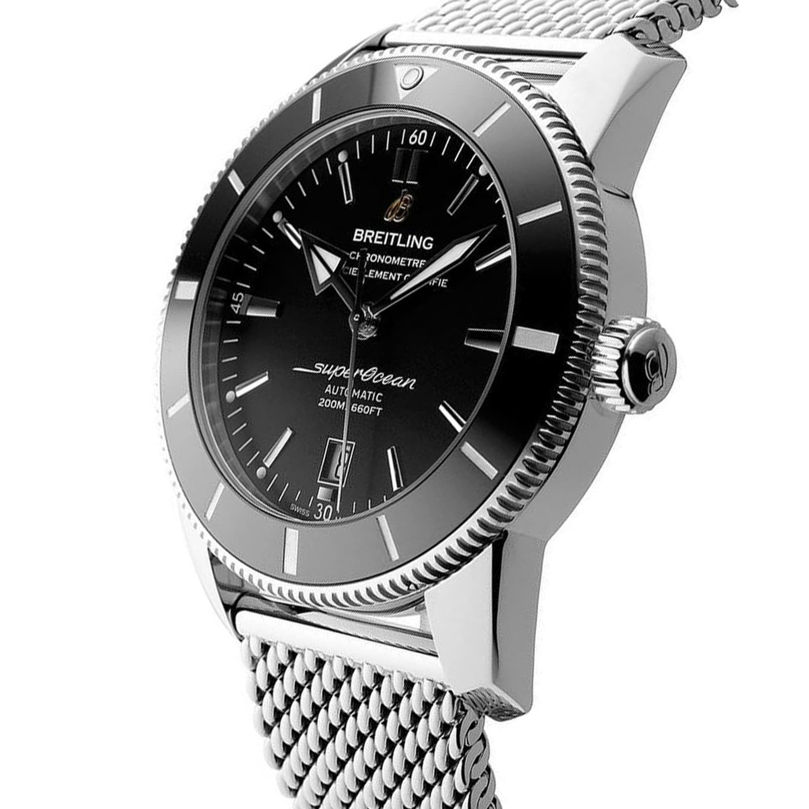 A close-up of a Breitling Superocean Heritage B20 Automatic 46 wristwatch featuring a black dial, silver bezel, 46mm stainless steel case, and stainless steel mesh strap.