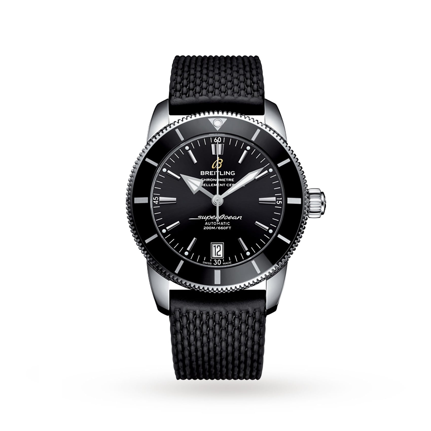 The Breitling Superocean Heritage B20 Automatic 42 features a black dial, stainless steel case, black textured strap, silver hour markers, and a date window at 6 o’clock.