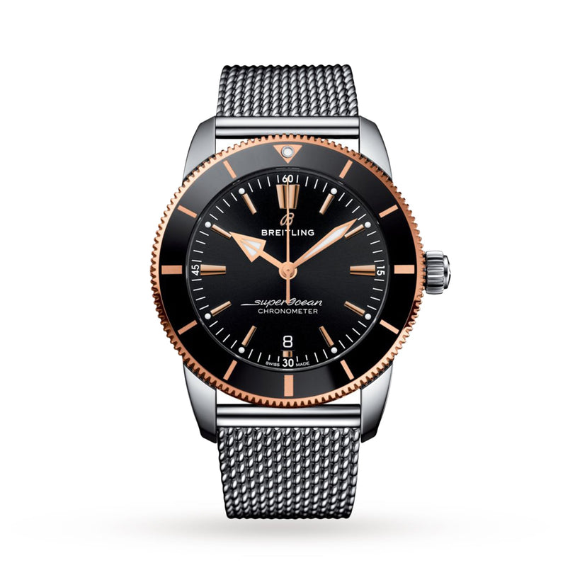 A Breitling Superocean Heritage B20 Automatic 44 watch featuring a black dial, rose gold accents, and a stainless steel bracelet, elegantly displayed on a white background.