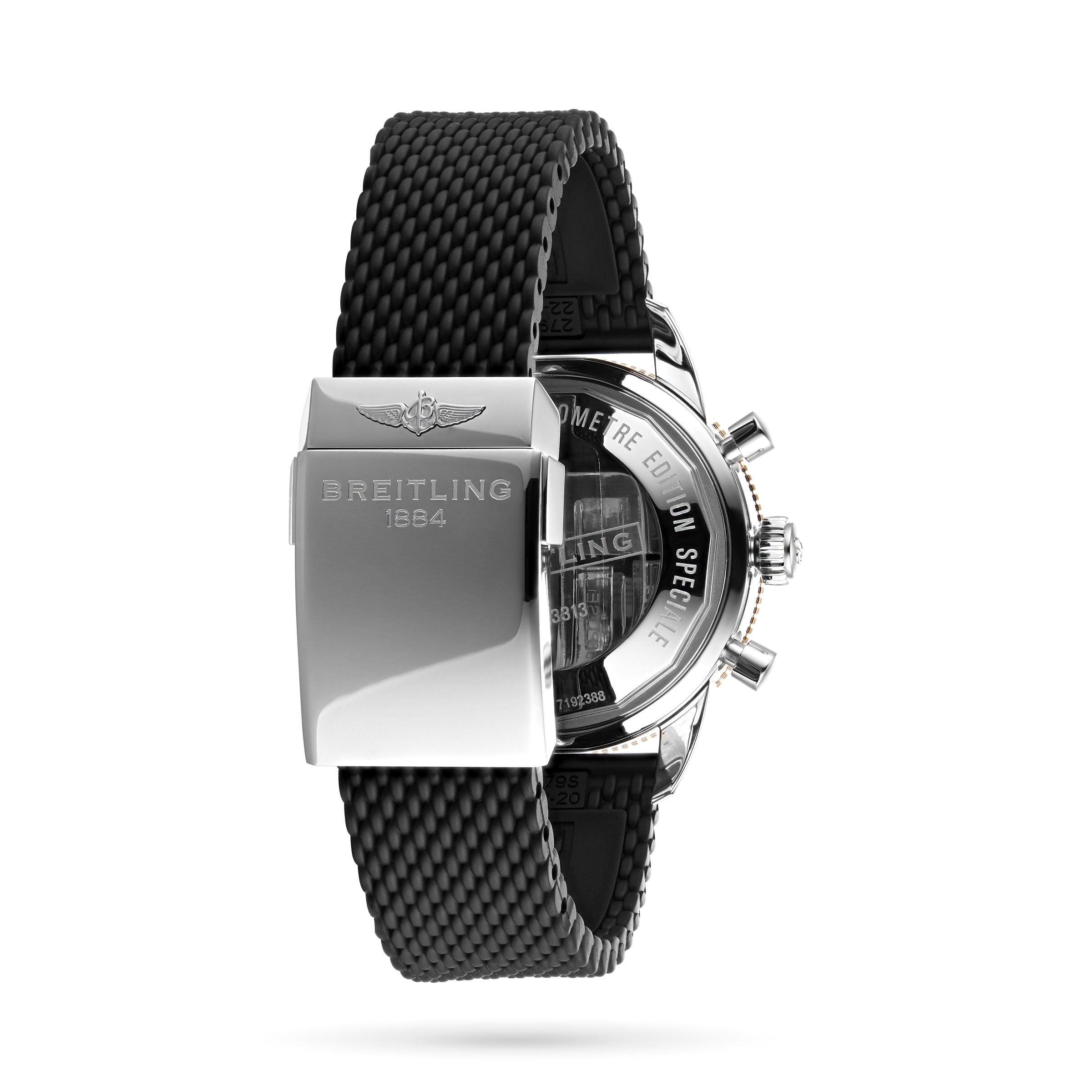 Back view of the Breitling Superocean Heritage B20 Automatic 44 with black textured strap, silver clasp engraved “Breitling 1884,” partially visible chronograph buttons, and a robust case housing the precise B20 movement.