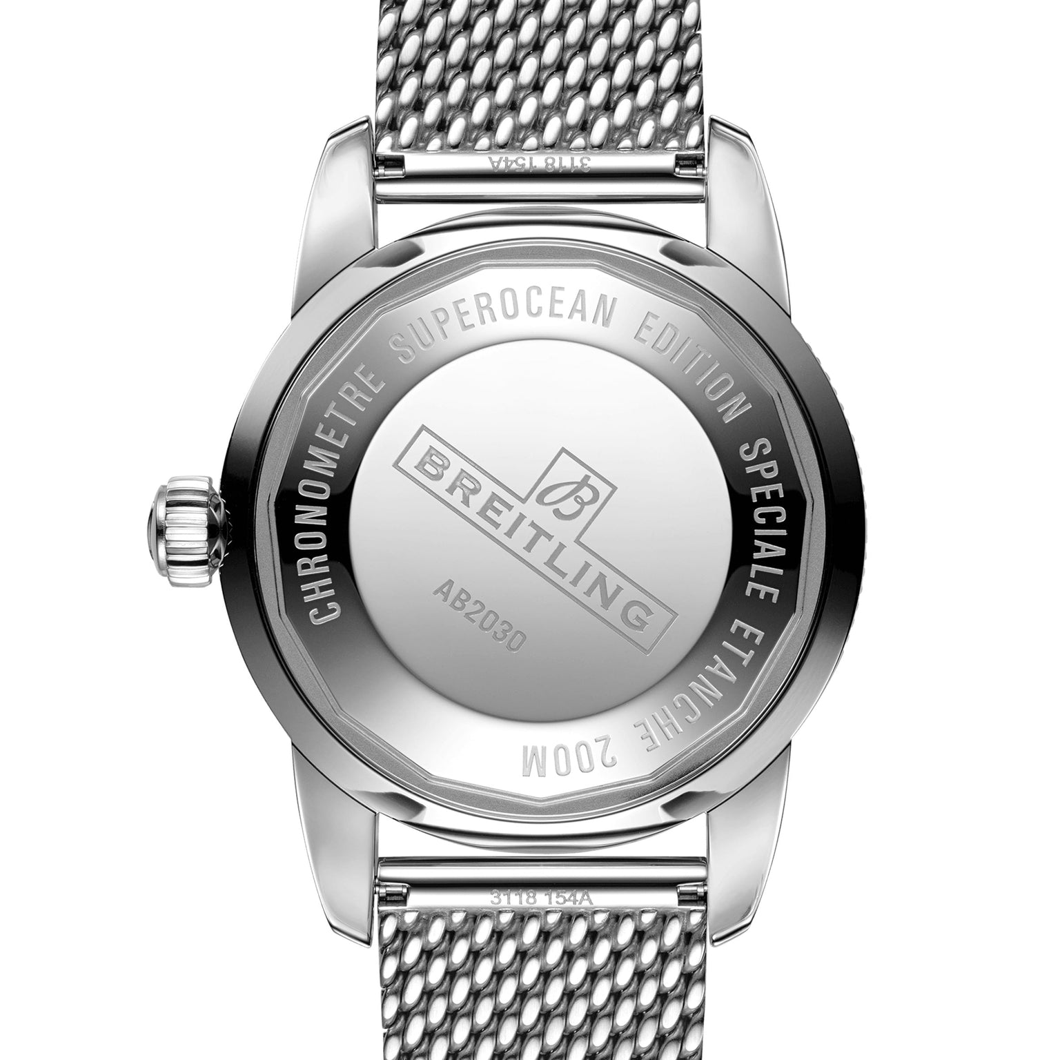 Back view of the Breitling Superocean Heritage B20 Automatic 44, featuring an engraved stainless steel case and metal mesh strap that highlights the watch’s refined craftsmanship.
