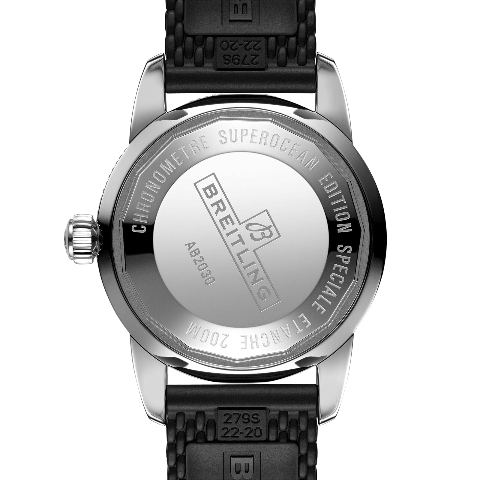 The back of a Breitling Superocean Heritage B20 Automatic 44 showcases engraved brand, model, 44mm stainless steel case, 200M water resistance, and serial details, paired with a black rubber strap.