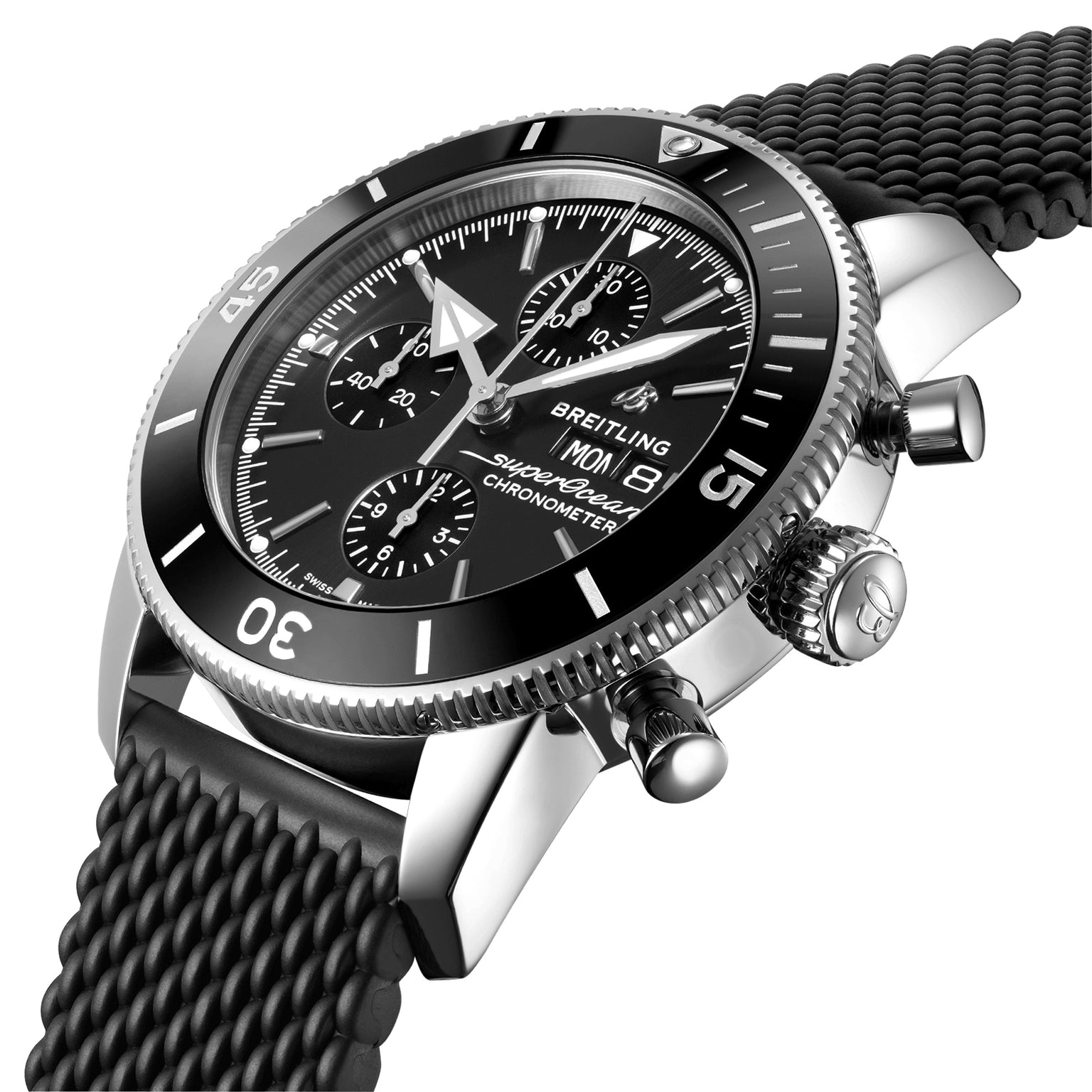 A close-up of the Breitling Superocean Heritage Chronograph 44, featuring a black dial with three subdials, date display, and a black textured strap—a superb sea timepiece.