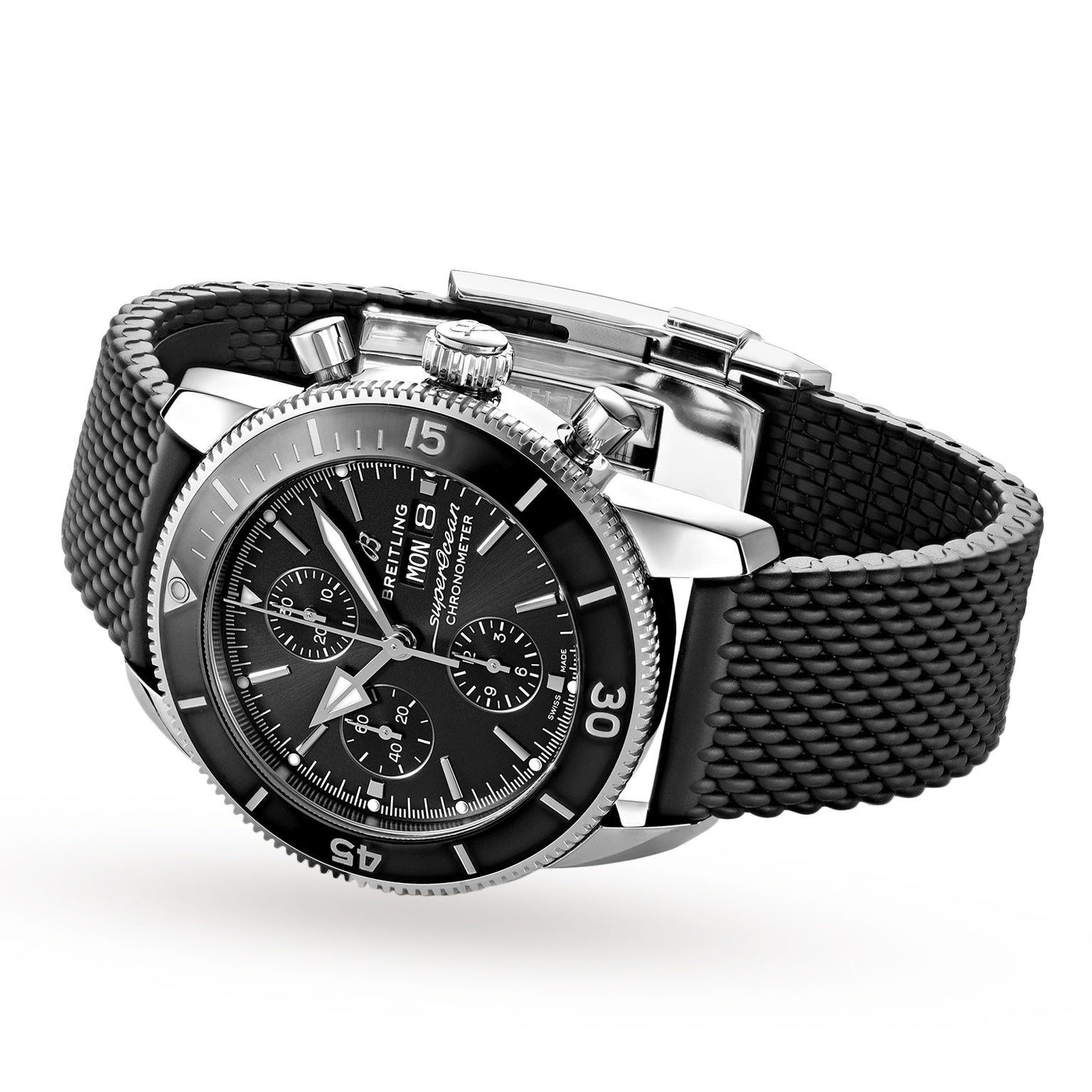 A black Breitling Superocean Heritage Chronograph 44 wristwatch with a textured rubber strap, silver accents, rotating bezel, and Breitling 13 calibre is displayed at an angle on a white background.