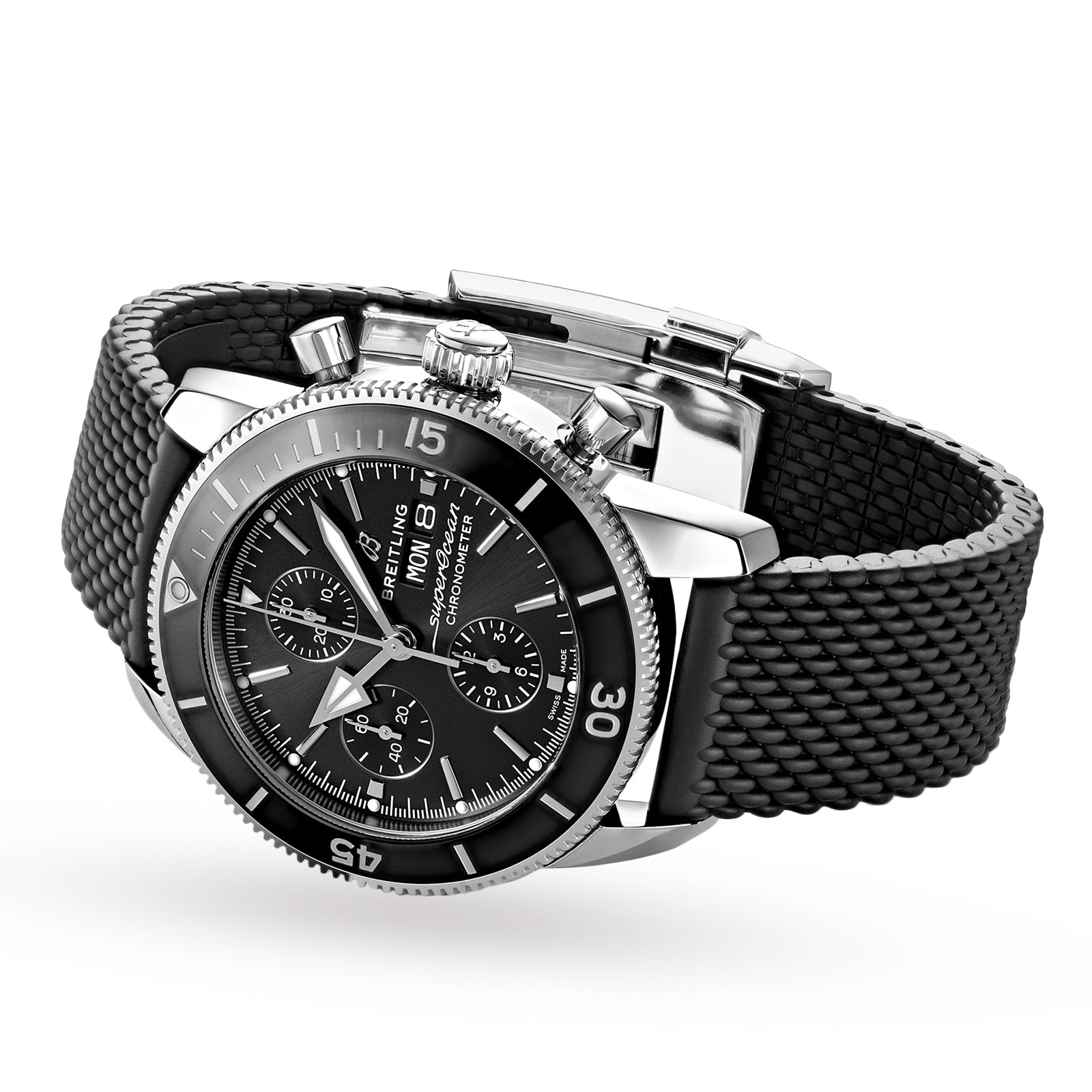 A black Breitling Superocean Heritage Chronograph 44 wristwatch with a textured rubber strap, silver accents, rotating bezel, and Breitling 13 calibre is displayed at an angle on a white background.