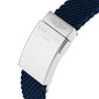 Close-up of the silver clasp engraved with Breitling and BREITLING 1884 on the Superocean Heritage B20 Automatic 46, attached to a dark blue textured strap.