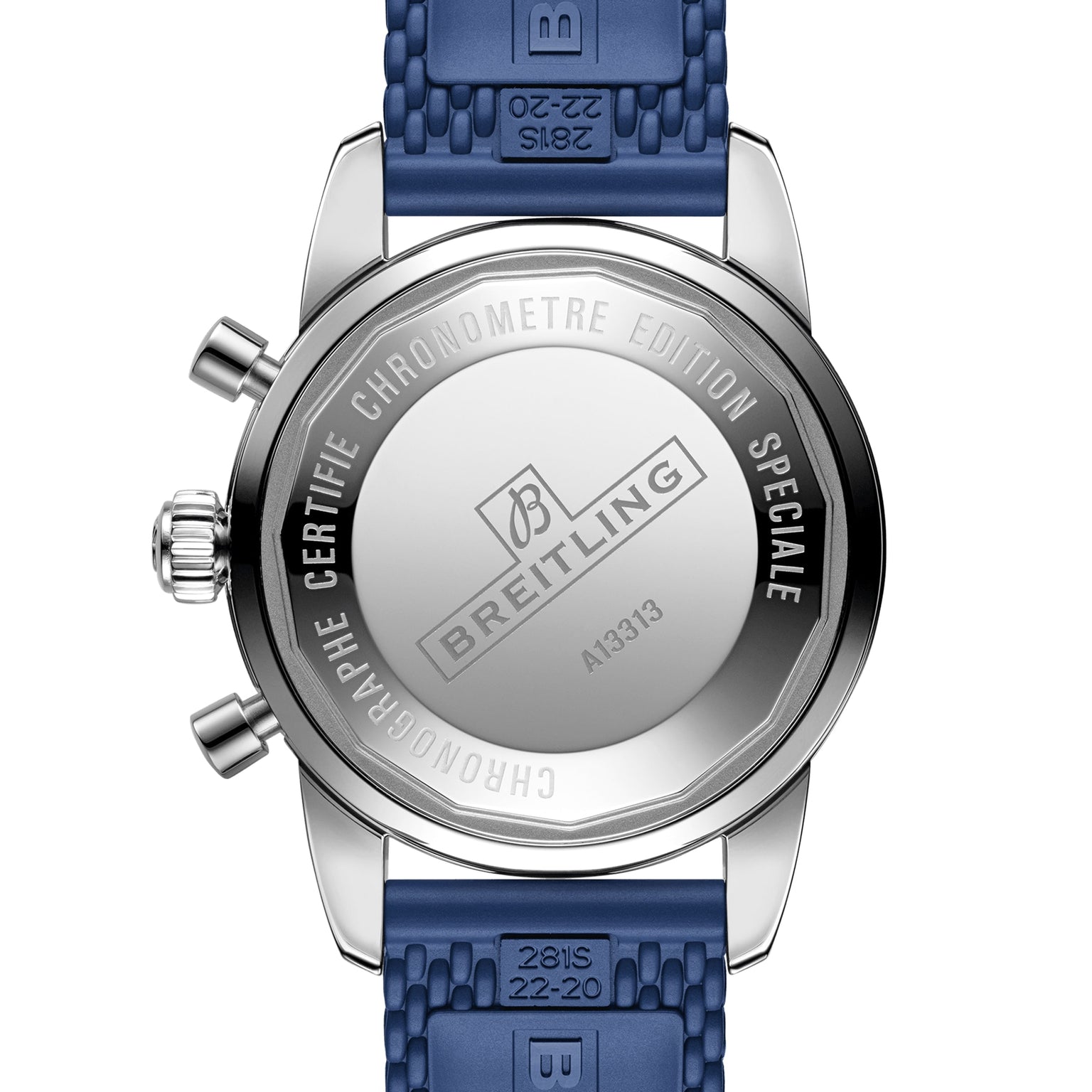 Back view of the Breitling Superocean Heritage Chronograph 44 with a blue rubber strap, featuring engraved text and the Breitling 13 calibre on its stainless steel case back.