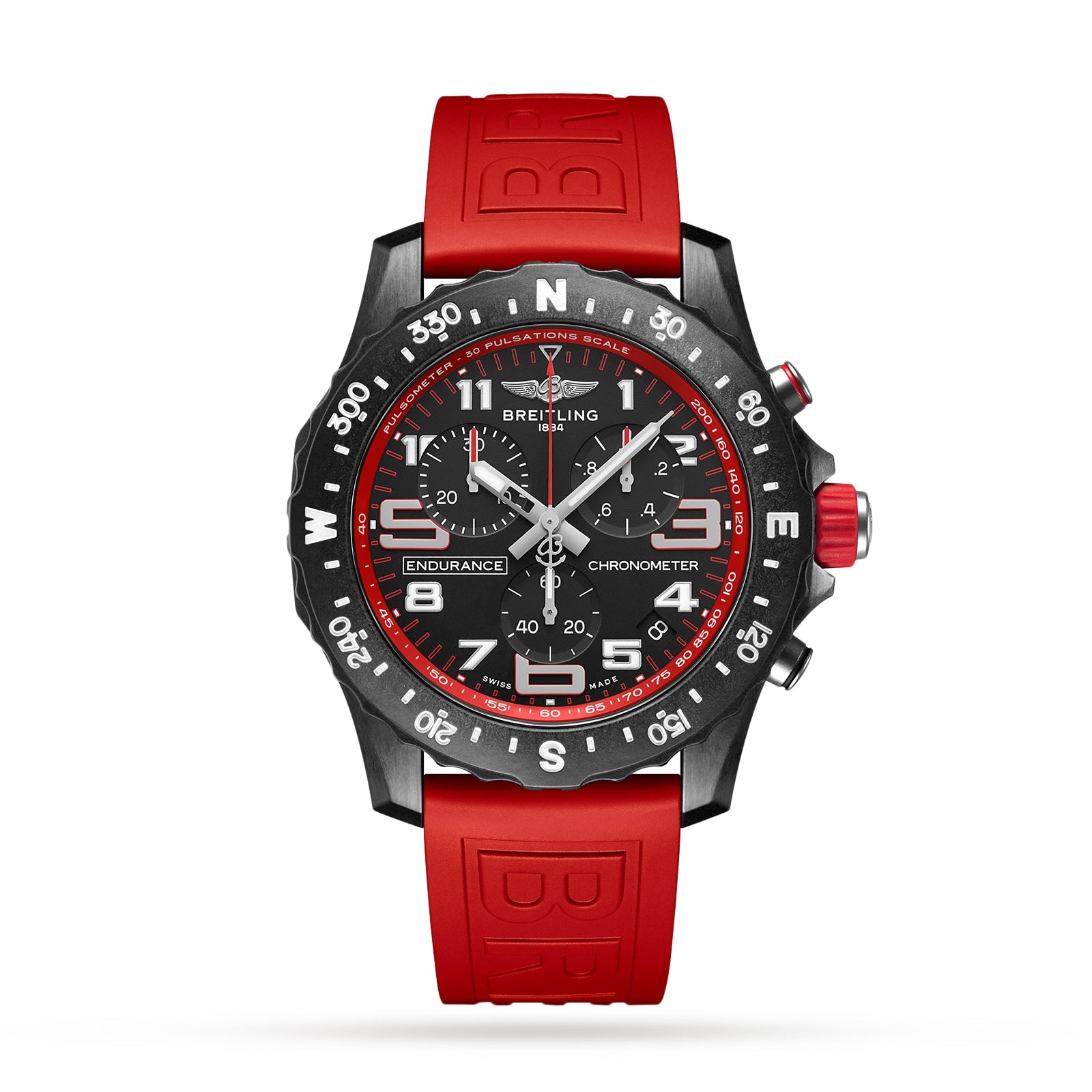 The Breitling Endurance Pro 44 is a black athleisure watch featuring a SuperQuartz™ chronograph, red rubber strap, black Breitlight® compass bezel, and white numeral indices on the dial.