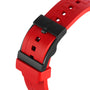 Close-up of a red silicone athleisure watch strap with a black engraved-logo buckle, designed to complement your Breitling Endurance Pro 44 SuperQuartz™ chronograph.