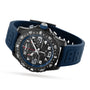The Breitling Endurance Pro 44 SuperQuartz™ chronograph, featuring a black case, blue rubber strap, white hour markers, and three subdials, is shown at an angle on a white background.