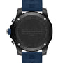 Close-up of the back of the Breitling Endurance Pro 44, an athleisure watch featuring blue straps, engraved branding, SuperQuartz™ chronograph details, and a robust Breitlight® case.