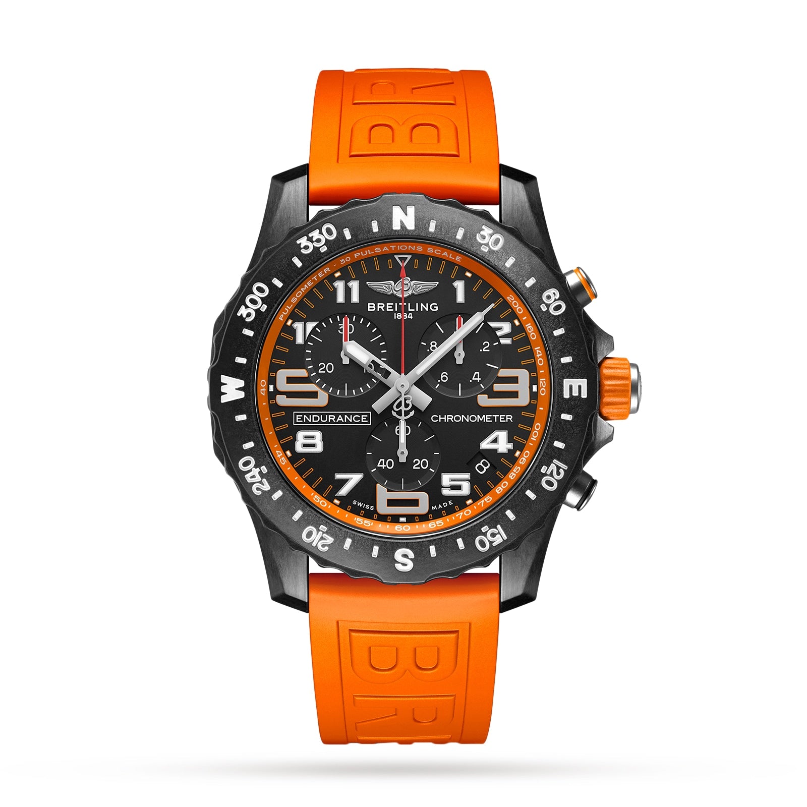 The Breitling Endurance Pro 44 is a black athleisure watch with an orange rubber strap, black bezel, white numerals and markings on a white dial, and a durable Breitlight® case.