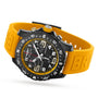 The Breitling Endurance Pro 44 is a Swiss-made black Breitlight chronograph with a yellow rubber strap, black dial, white markers, and multiple subdials.