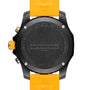 Back view of the Breitling Endurance Pro 44 athleisure watch featuring a black Swiss-made Breitlight case, engraved caseback, and a yellow rubber strap.