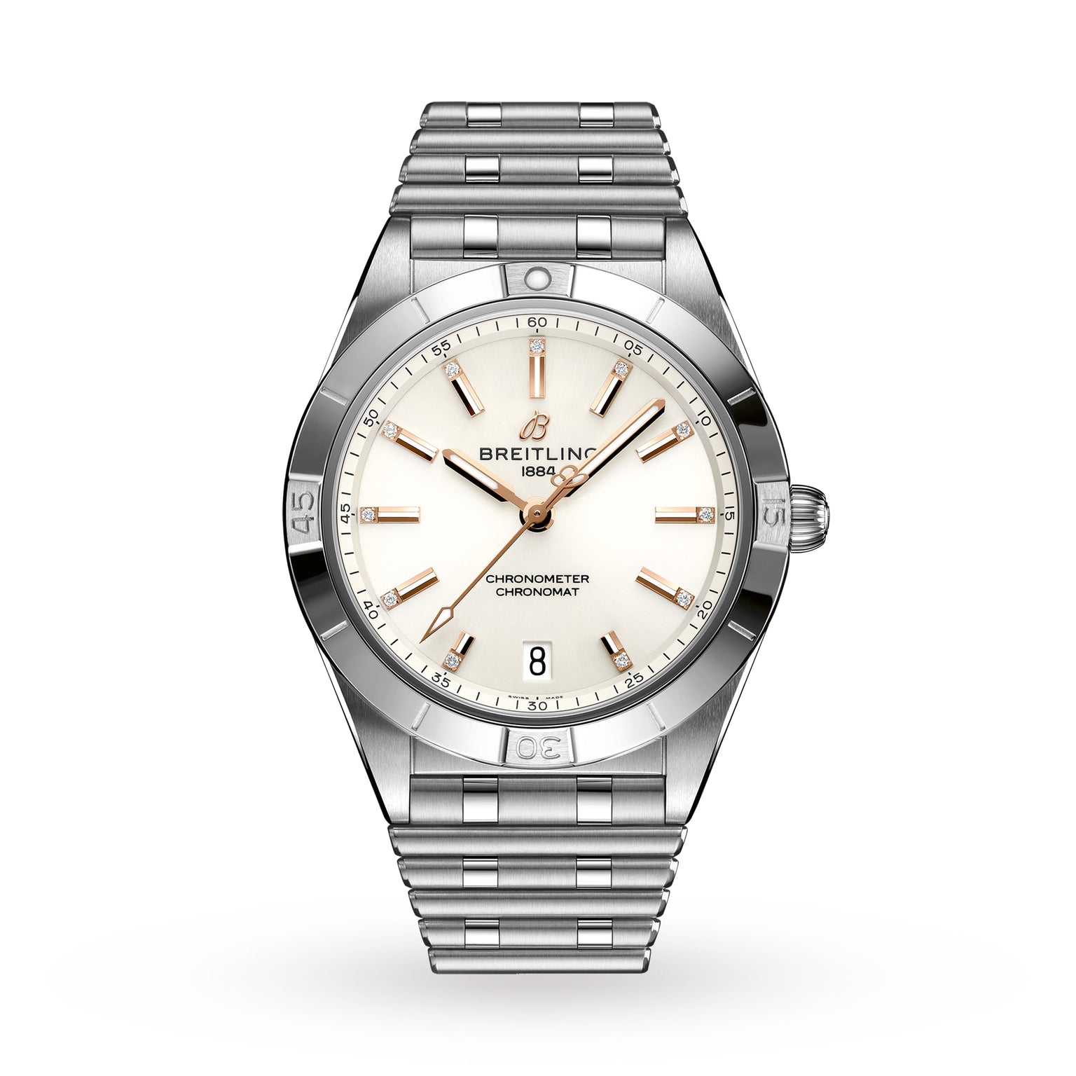 The Breitling Chronomat Automatic 36 features a stainless steel case, cream dial with gold hour markers, COSC-certified movement, date at 6 o’clock, and a signature metal Rouleaux bracelet.
