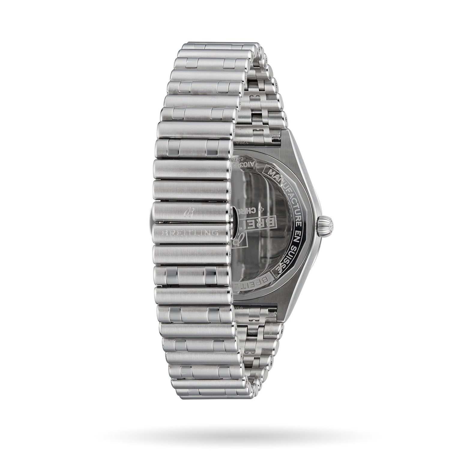 Side view of the Breitling Chronomat Automatic 36, showcasing its signature stainless steel Rouleaux bracelet and a partially visible transparent case back.