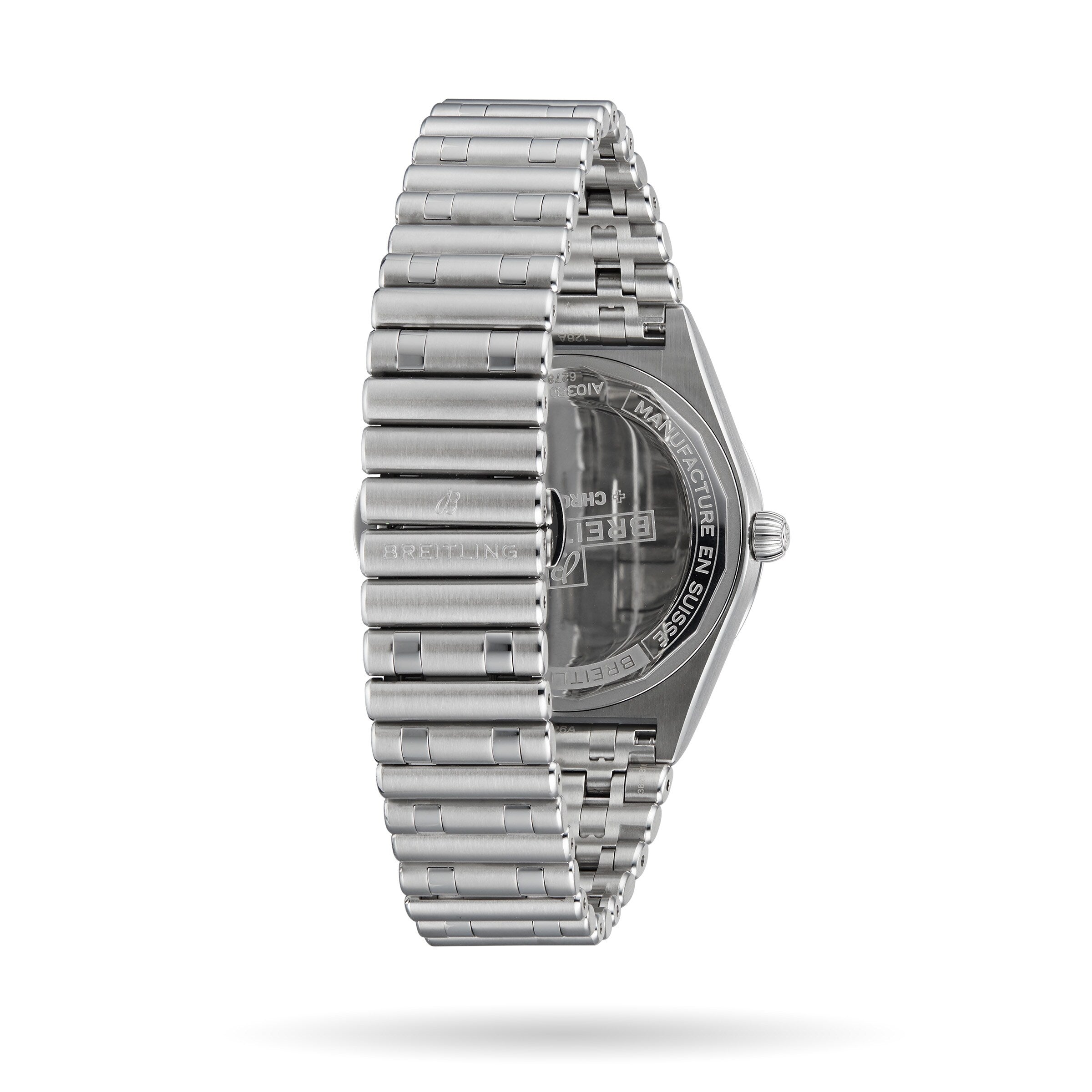 Side view of the Breitling Chronomat Automatic 36, showcasing its signature stainless steel Rouleaux bracelet and a partially visible transparent case back.