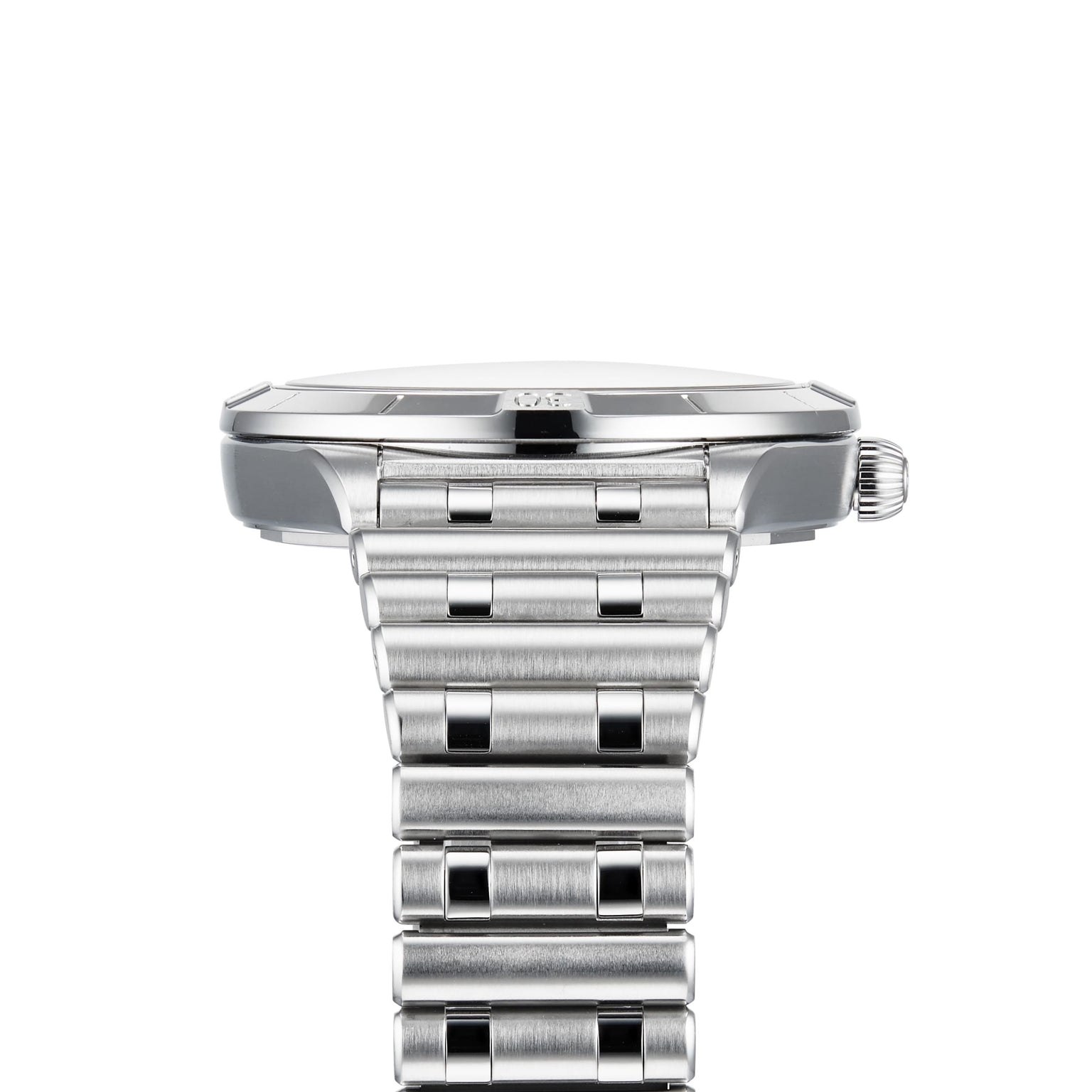 Side profile of the Breitling Chronomat Automatic 36 in silver metal with a brushed Rouleaux bracelet and right-side crown, set against a white background.