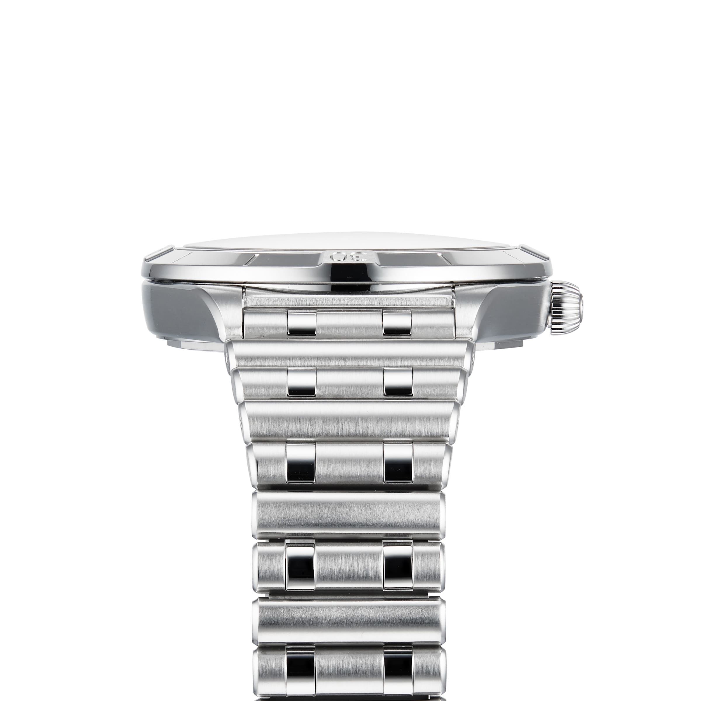 Side profile of the Breitling Chronomat Automatic 36 in silver metal with a brushed Rouleaux bracelet and right-side crown, set against a white background.