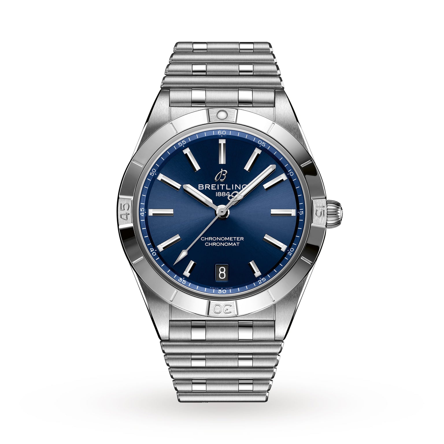 The Breitling Chronomat Automatic 36 is a stainless steel wristwatch featuring a blue dial, silver hour markers, COSC-certified Breitling 10 calibre movement, date at 6 oclock, and metal bracelet, displayed on a plain white background.