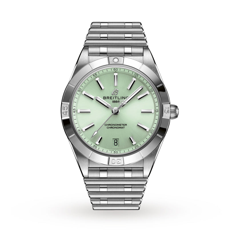 The Breitling Chronomat Automatic 36 is a silver wristwatch with a mint green dial, date display at 6 oclock, and signature Rouleaux bracelet, shown on a white background.