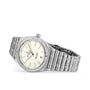 The Breitling Chronomat Automatic 36 features a silver metal Rouleaux bracelet, white dial, date window at 3 o’clock, and a diamond-set bezel.
