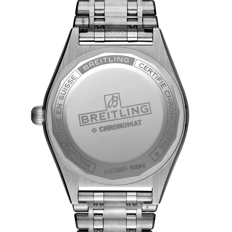 The back of the Breitling Chronomat Automatic 36, featuring engraved branding and certification, pairs perfectly with its iconic Rouleaux bracelet.