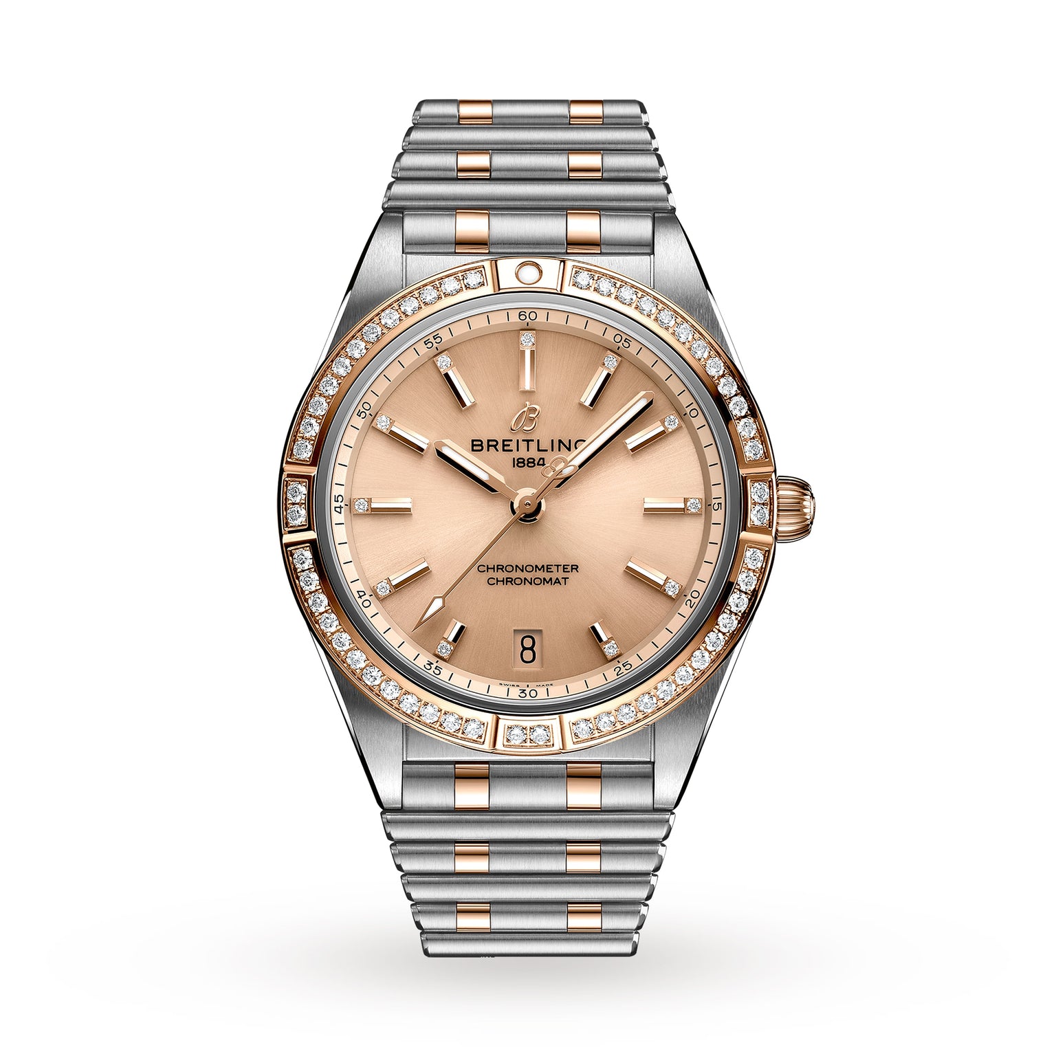 The Breitling Chronomat Automatic 36 features a rose gold dial, COSC-certified movement, diamond-set bezel, date display at 6 oclock, and a two-tone metal bracelet.