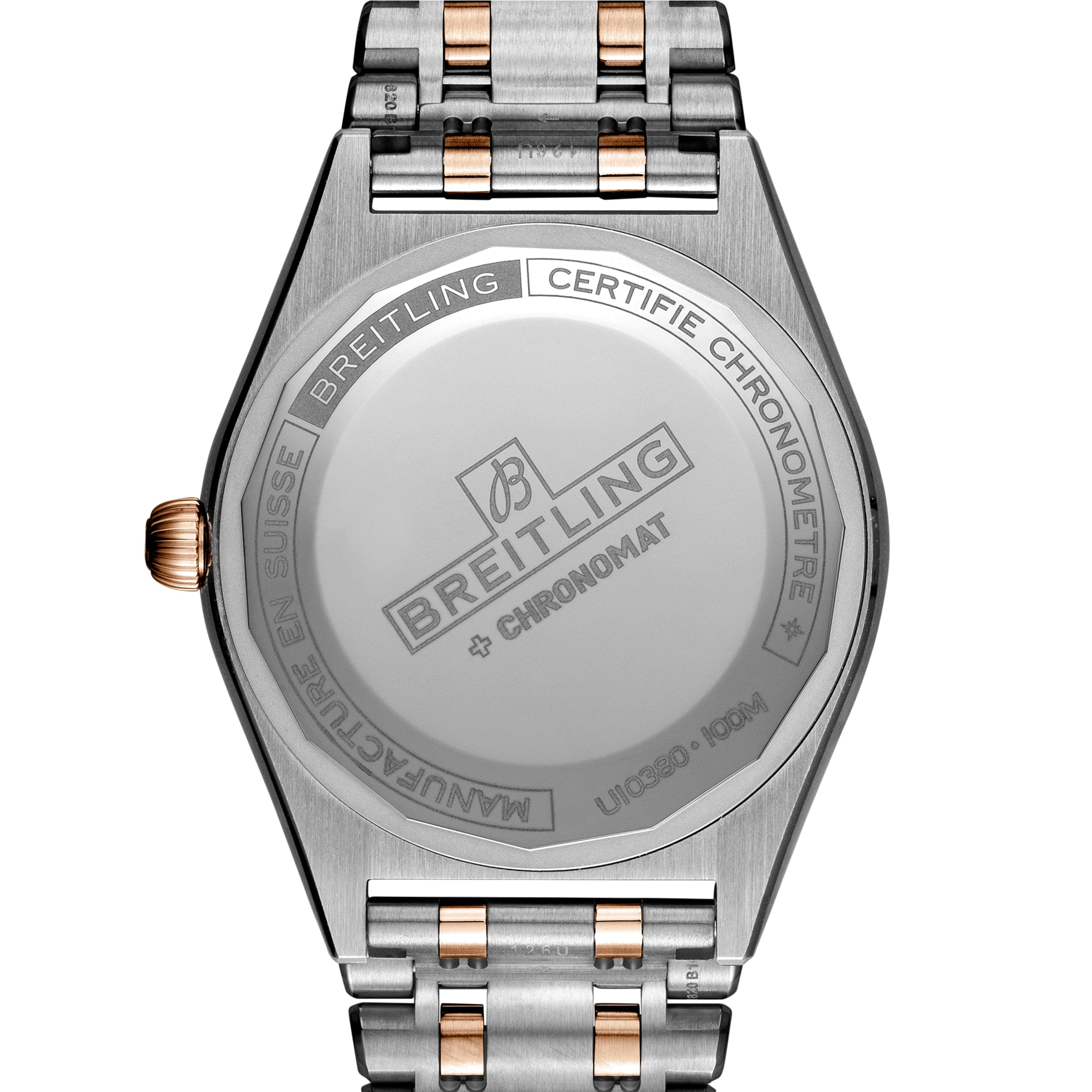Back view of the Breitling Chronomat Automatic 36, highlighting engraved details on its stainless steel case and bracelet.
