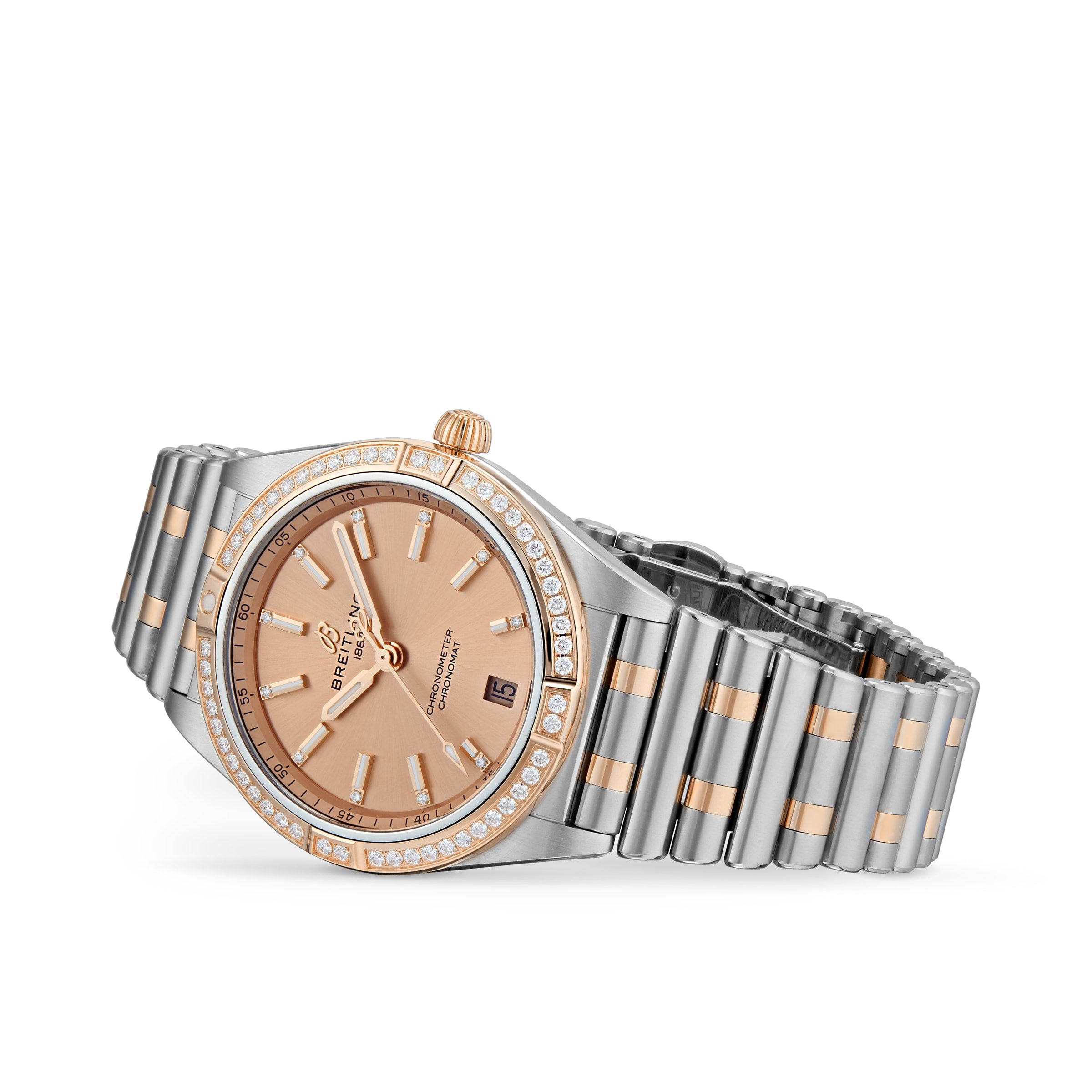 The Breitling Chronomat Automatic 36 features a rose gold dial, diamond-set bezel, and two-tone silver and rose gold bracelet, elegantly displayed at an angle.