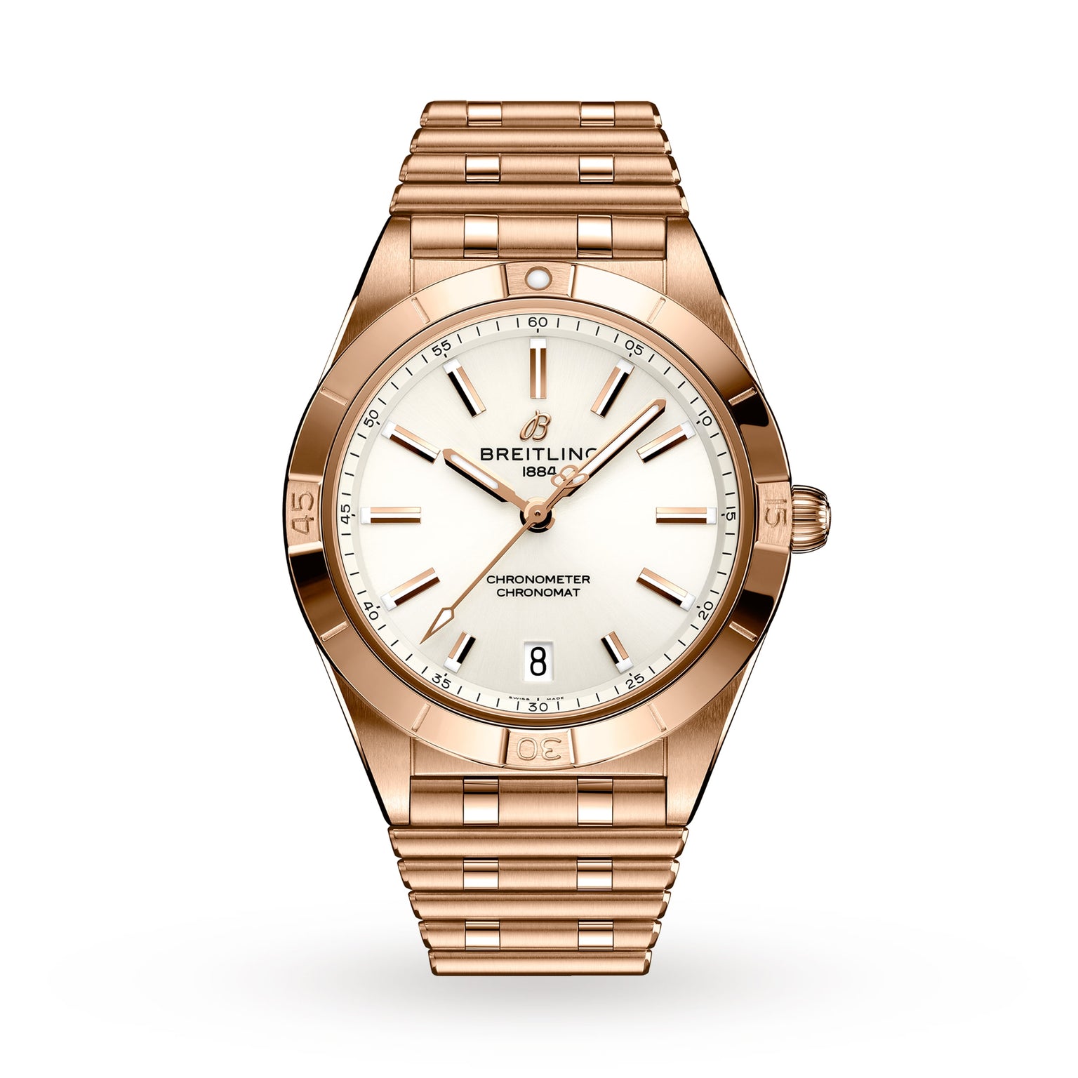 The Breitling Chronomat Automatic 36 features a gold case, white dial with gold markers and hands, date display at 6 o’clock, and signature Rouleaux linked bracelet for a classic look.