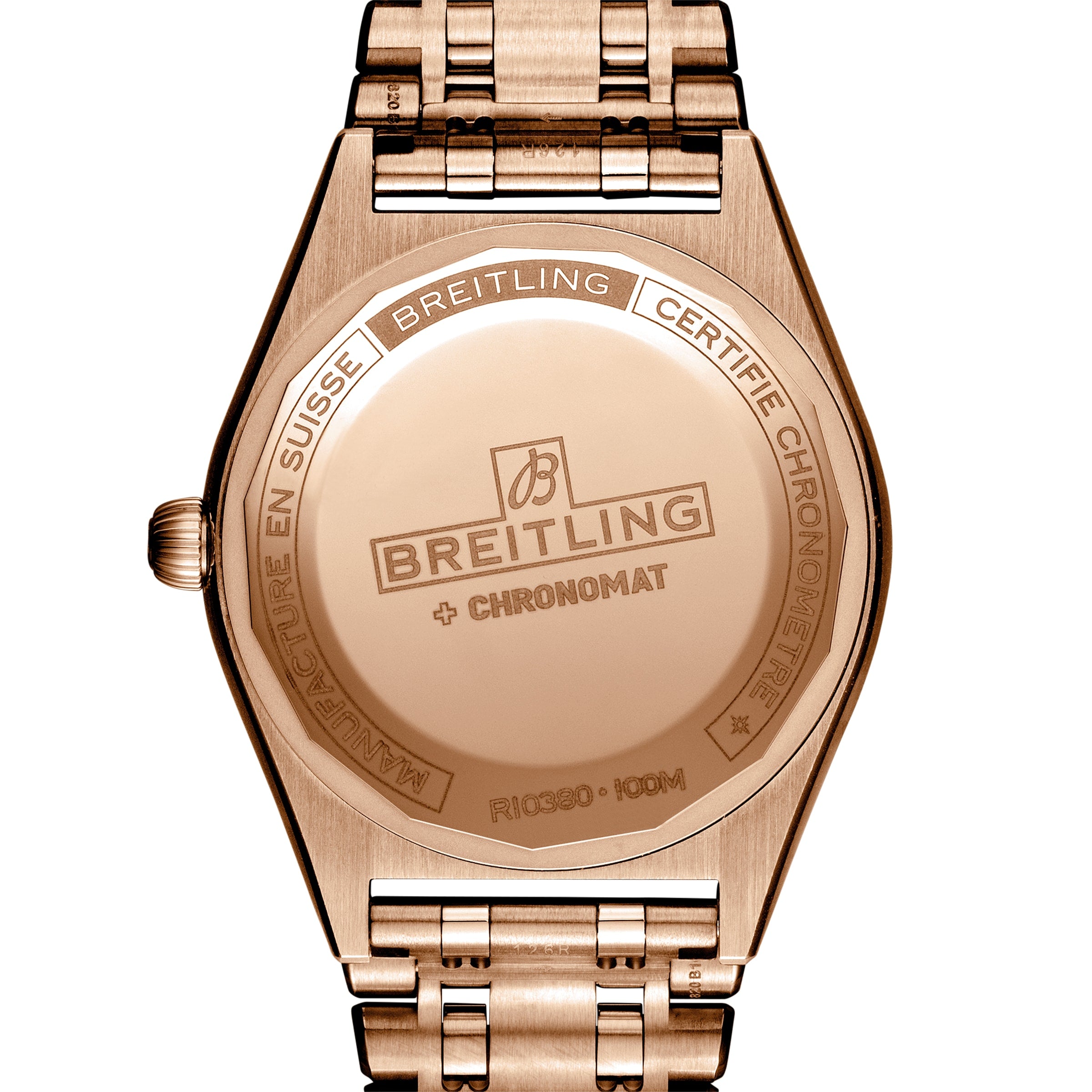 Close-up of the back of a Breitling Chronomat Automatic 36, showing engraved brand name, model, and COSC certified details. The iconic Rouleaux bracelet enhances its classic sophistication in rose gold.