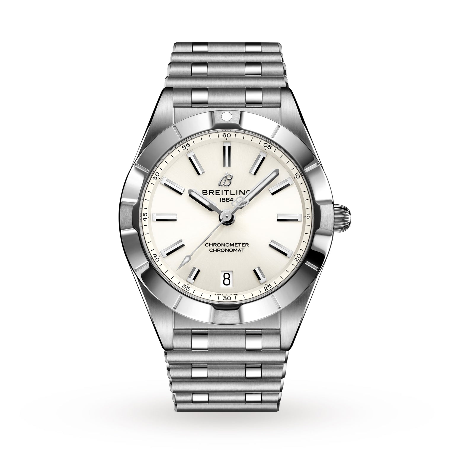 The Breitling Chronomat 32 is a stainless steel wristwatch with a white dial, silver hour markers, COSC-certified SuperQuartz™ movement, date at 6 oclock, and a metal link bracelet, shown against a white background.