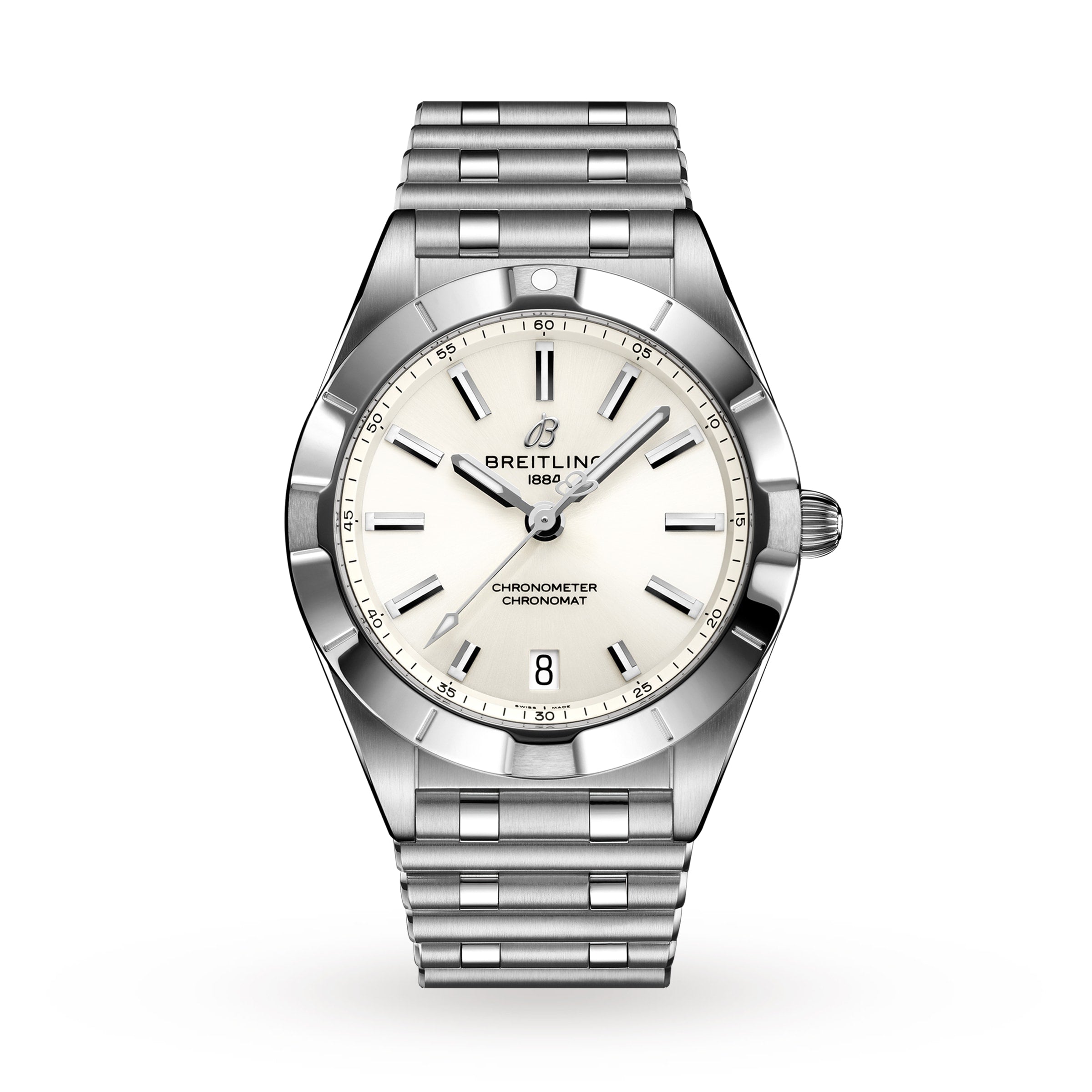 The Breitling Chronomat 32 is a stainless steel wristwatch with a white dial, silver hour markers, COSC-certified SuperQuartz™ movement, date at 6 oclock, and a metal link bracelet, shown against a white background.