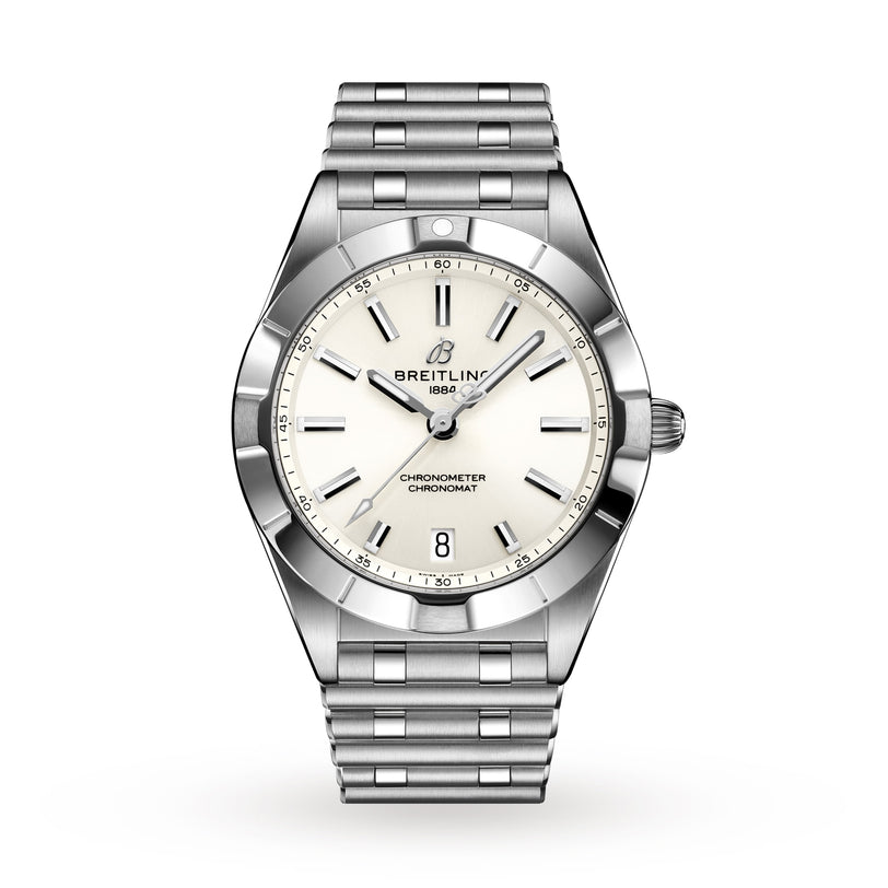 The Breitling Chronomat 32 is a stainless steel wristwatch with a white dial, silver hour markers, COSC-certified SuperQuartz™ movement, date at 6 oclock, and a metal link bracelet, shown against a white background.