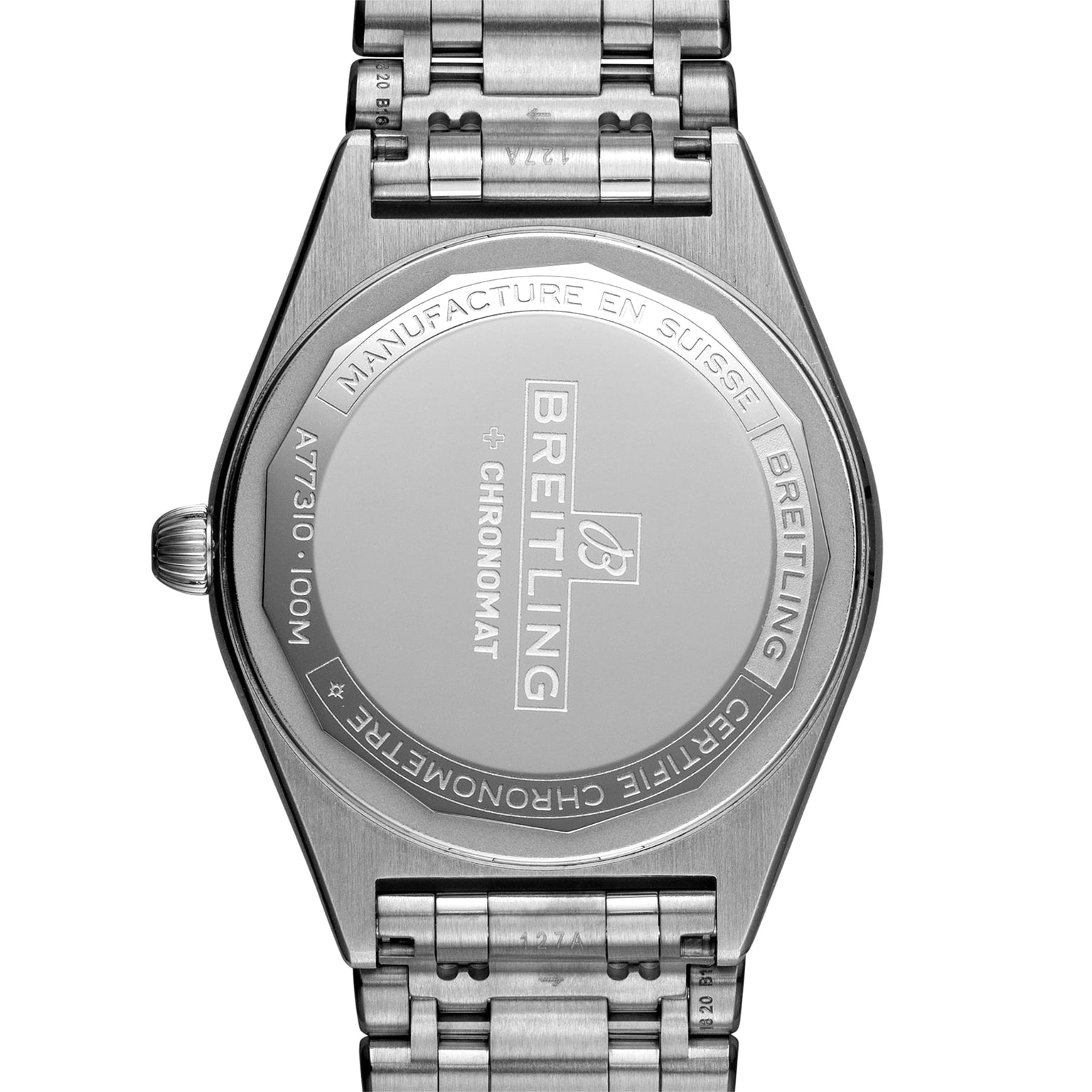 The back of a Breitling Chronomat 32 watch in stainless steel displays engraved branding, its model number, COSC-certified details, and a water resistance rating of 100 meters.