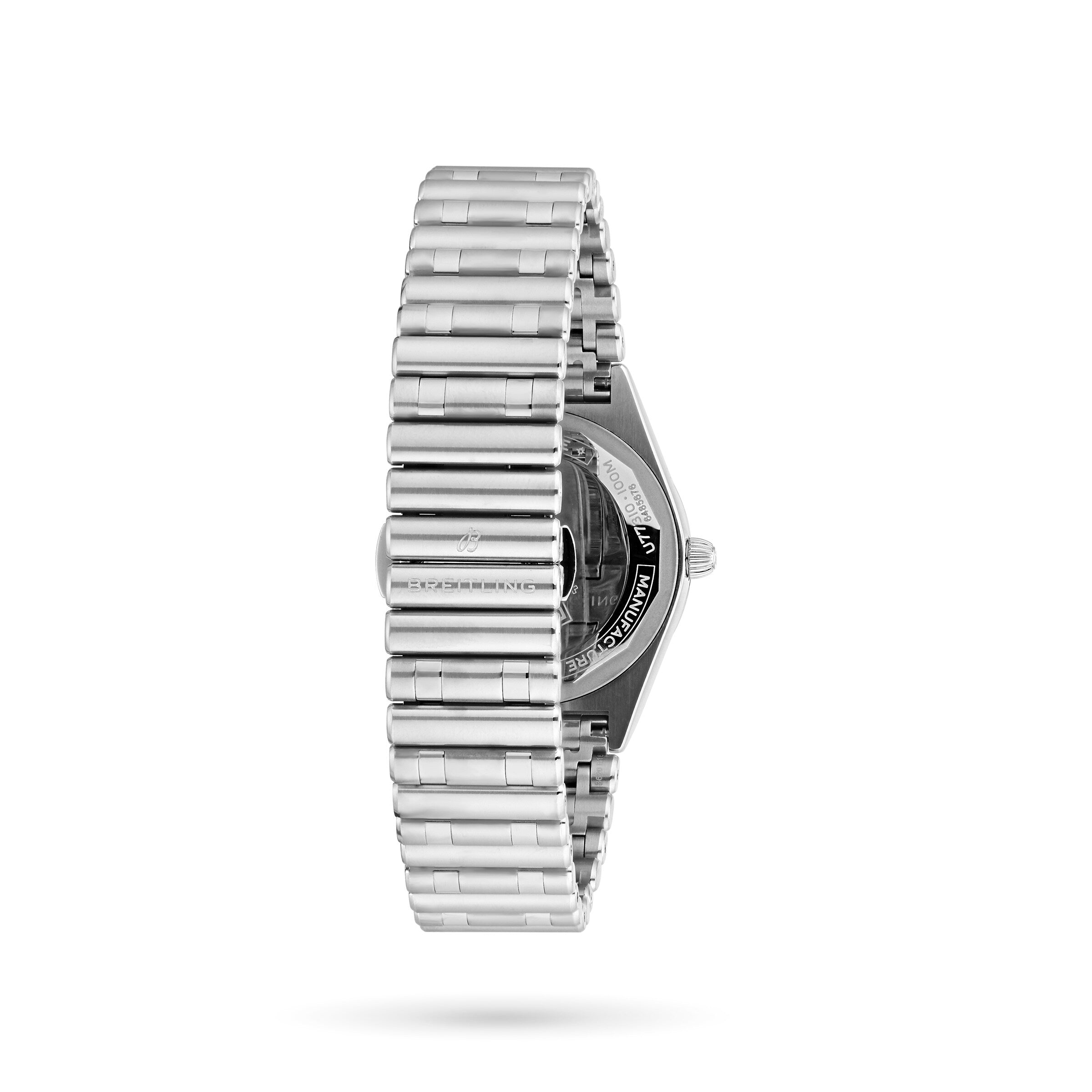 A side view of the Breitling Chronomat 32 in silver metal, featuring its linked bracelet and a partially visible COSC-certified SuperQuartz™ chronometer case.