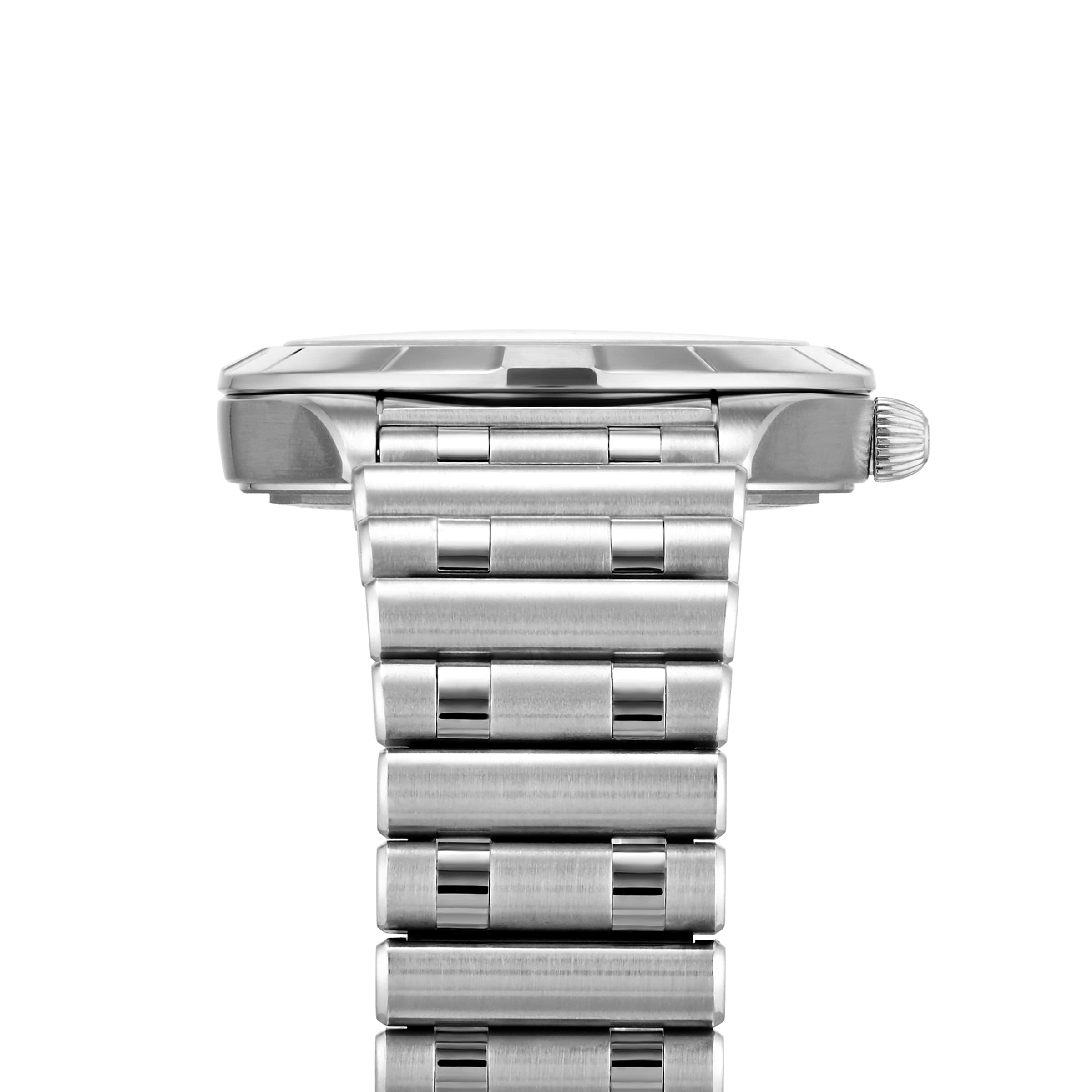 A close-up side view of the Breitling Chronomat 32, a stainless steel COSC-certified wristwatch with a metal link bracelet, highlighting its crown and case profile against a white background.