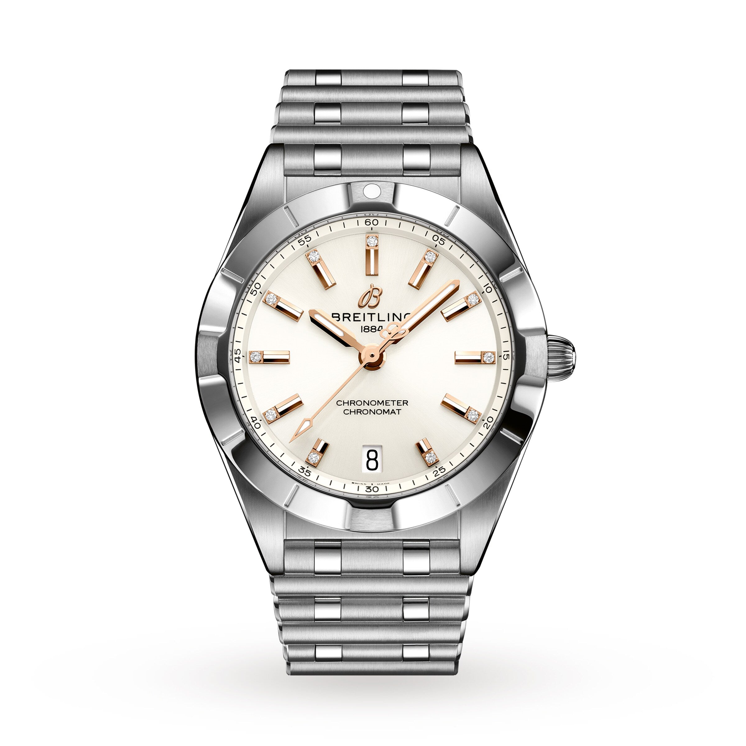 The Breitling Chronomat 32 features a stainless steel case, silver Rouleaux bracelet, white dial with gold-tone markers and hands, date at 6 o’clock, Chronometer text on the face, and runs on the acclaimed Breitling 77 calibre.