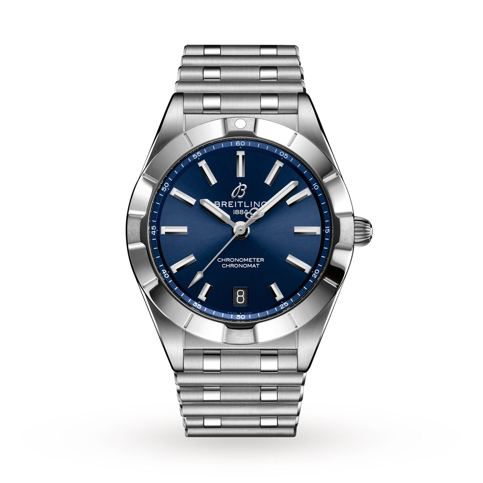 The Breitling Chronomat 32 is a stainless steel wristwatch featuring a blue dial, silver hour markers, COSC-certified SuperQuartz movement, date display at 6 o’clock, and a metal link bracelet, shown on a white background.