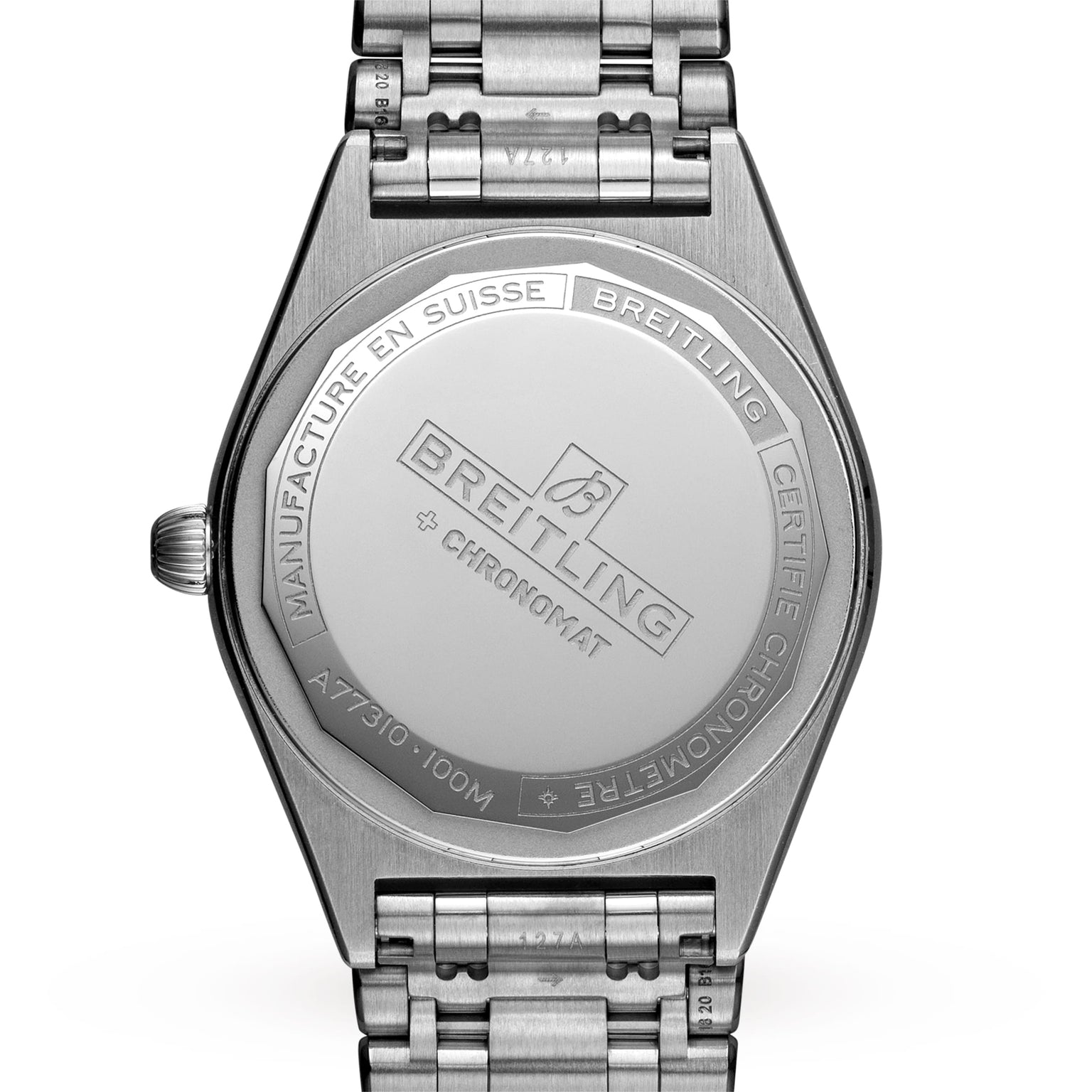 The back of a Breitling Chronomat 32 in stainless steel displays SuperQuartz™ chronometer certification, engraved branding, model information, water resistance details, and the signature Rouleaux bracelet.