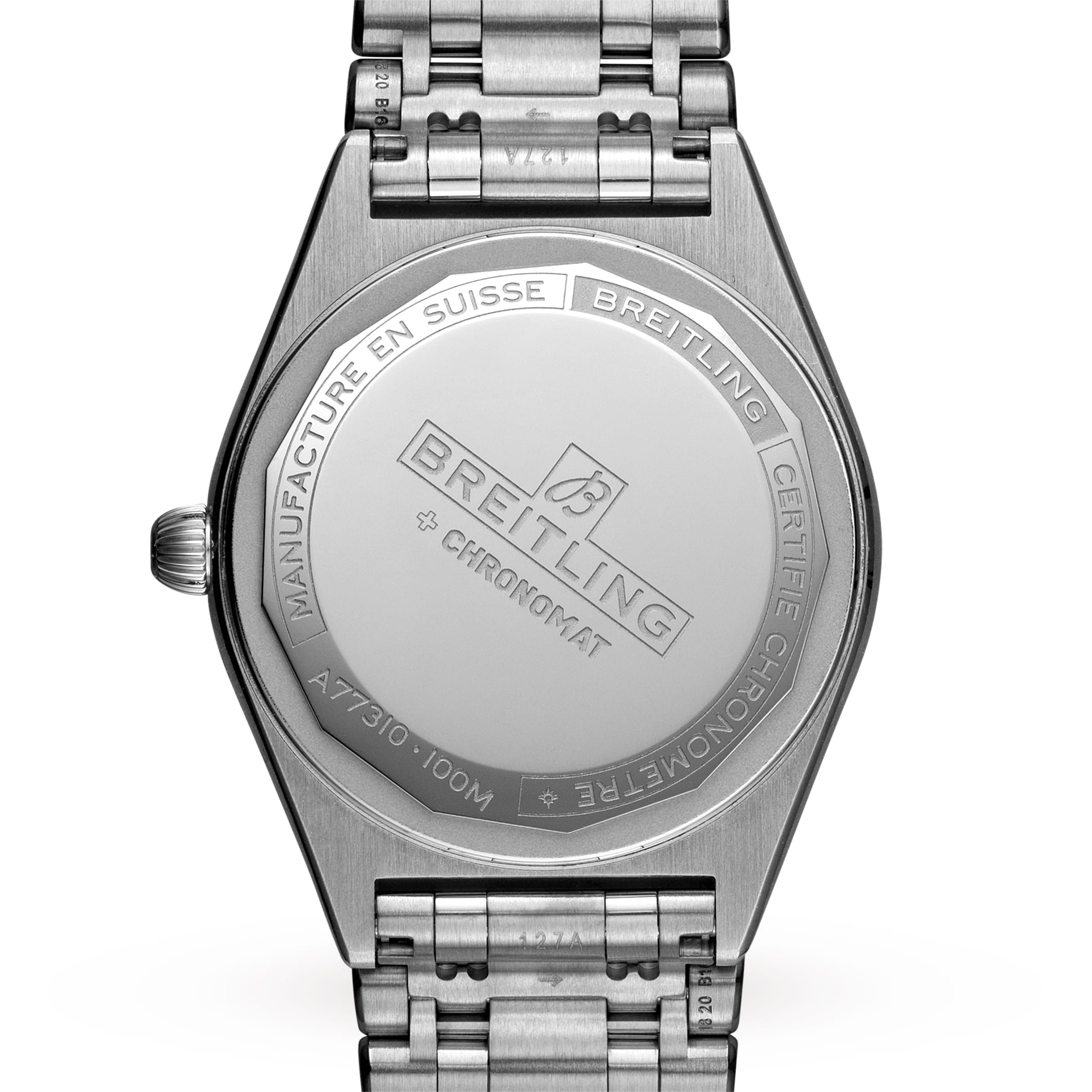 The back of a Breitling Chronomat 32 in stainless steel displays SuperQuartz™ chronometer certification, engraved branding, model information, water resistance details, and the signature Rouleaux bracelet.
