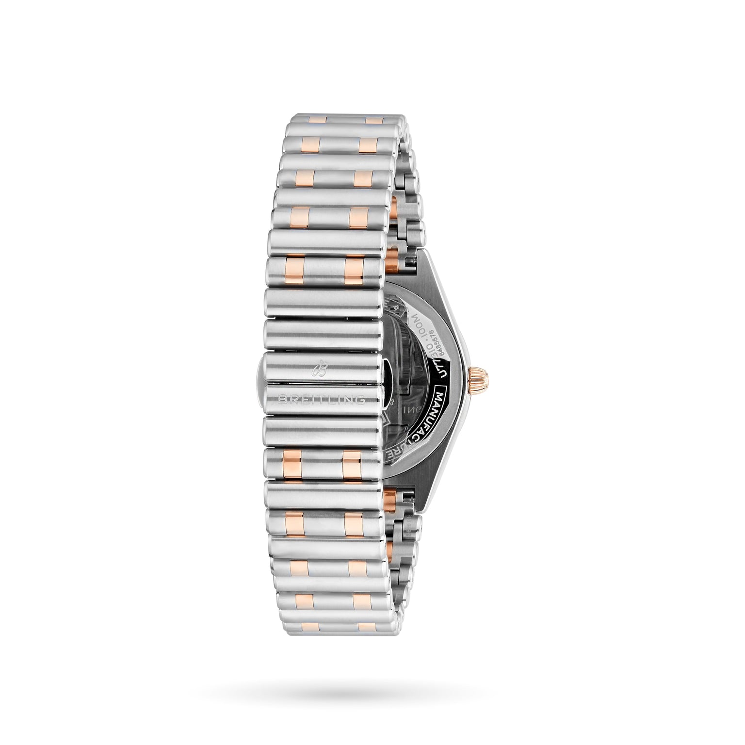 A close-up of the Breitling Chronomat 32’s two-tone metal bracelet, highlighting the side of its COSC-certified chronometer case and clasp, photographed against a white background.
