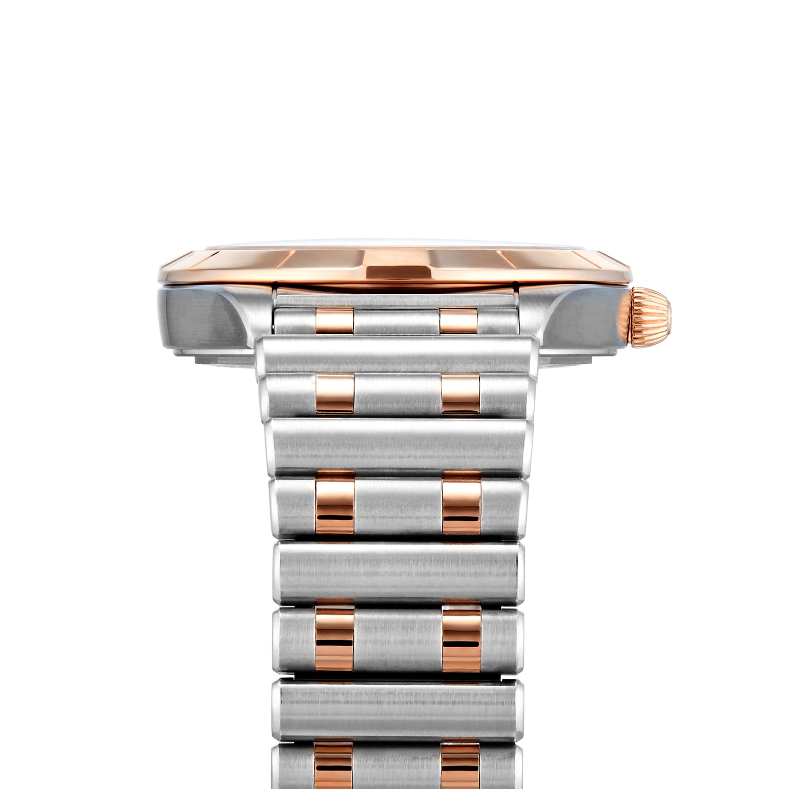 Close-up side view of the Breitling Chronomat 32, featuring a metal wristwatch with a silver and rose gold band, matching rose gold crown, and COSC-certified chronometer precision.