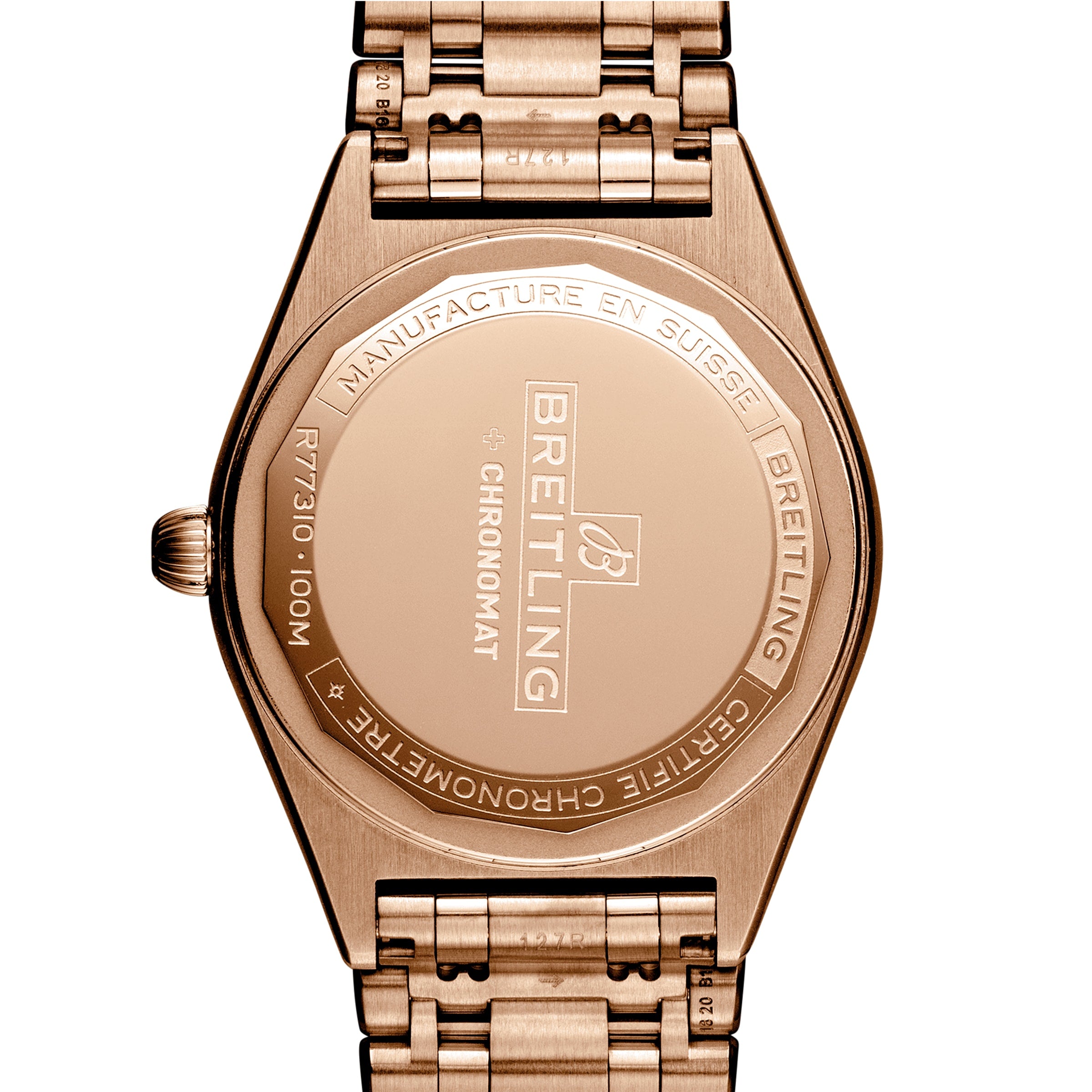 Close-up of the back of a Breitling Chronomat 32 watch, highlighting its rose gold case and bracelet with engraved branding and specifications.