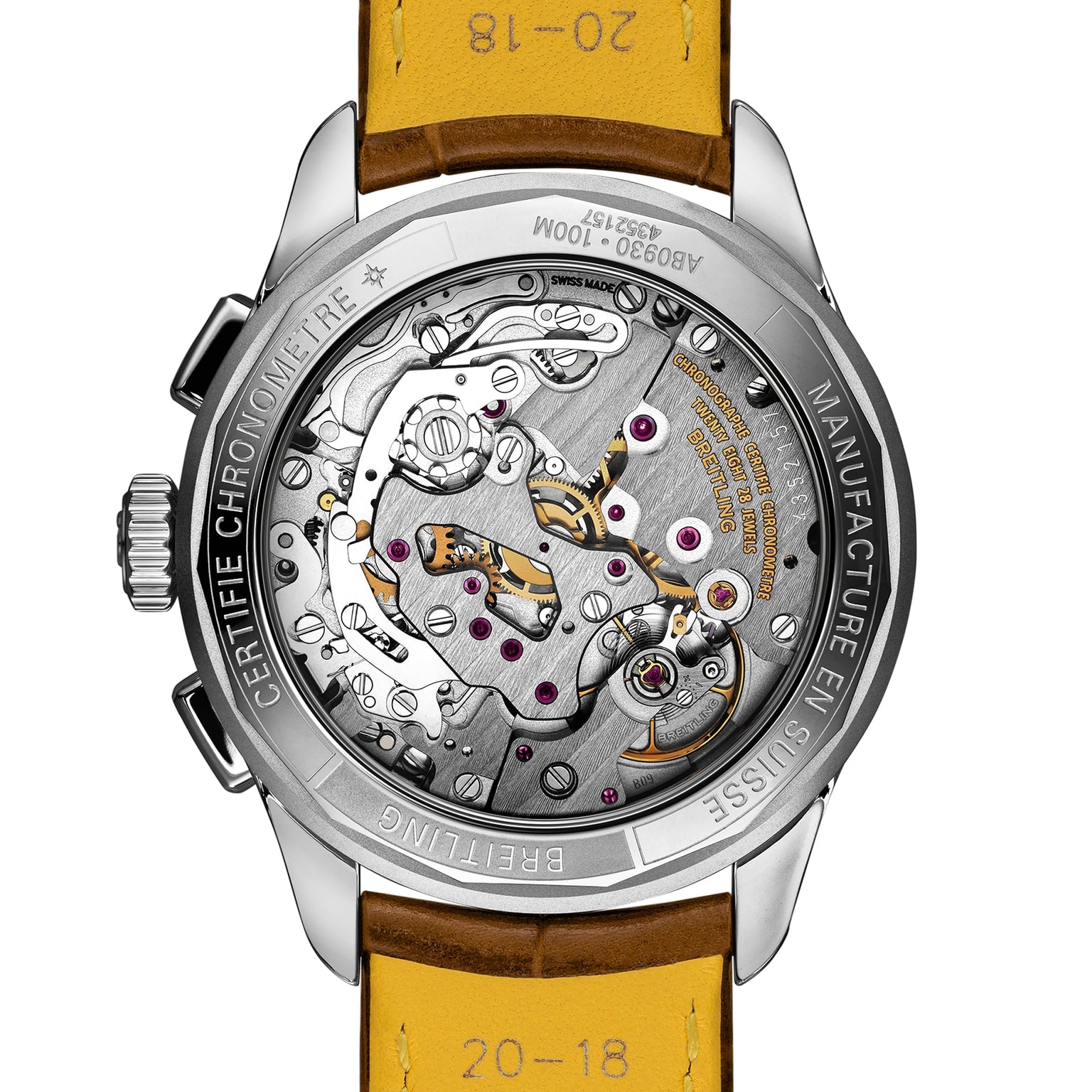 Close-up of the transparent case back of the Breitling Premier B09 Chronograph 40, showcasing the intricate B09 calibre movement and detailed engravings on the metal rim.