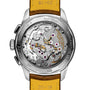 Close-up of the transparent case back of the Breitling Premier B09 Chronograph 40, showcasing the intricate B09 calibre movement and detailed engravings on the metal rim.