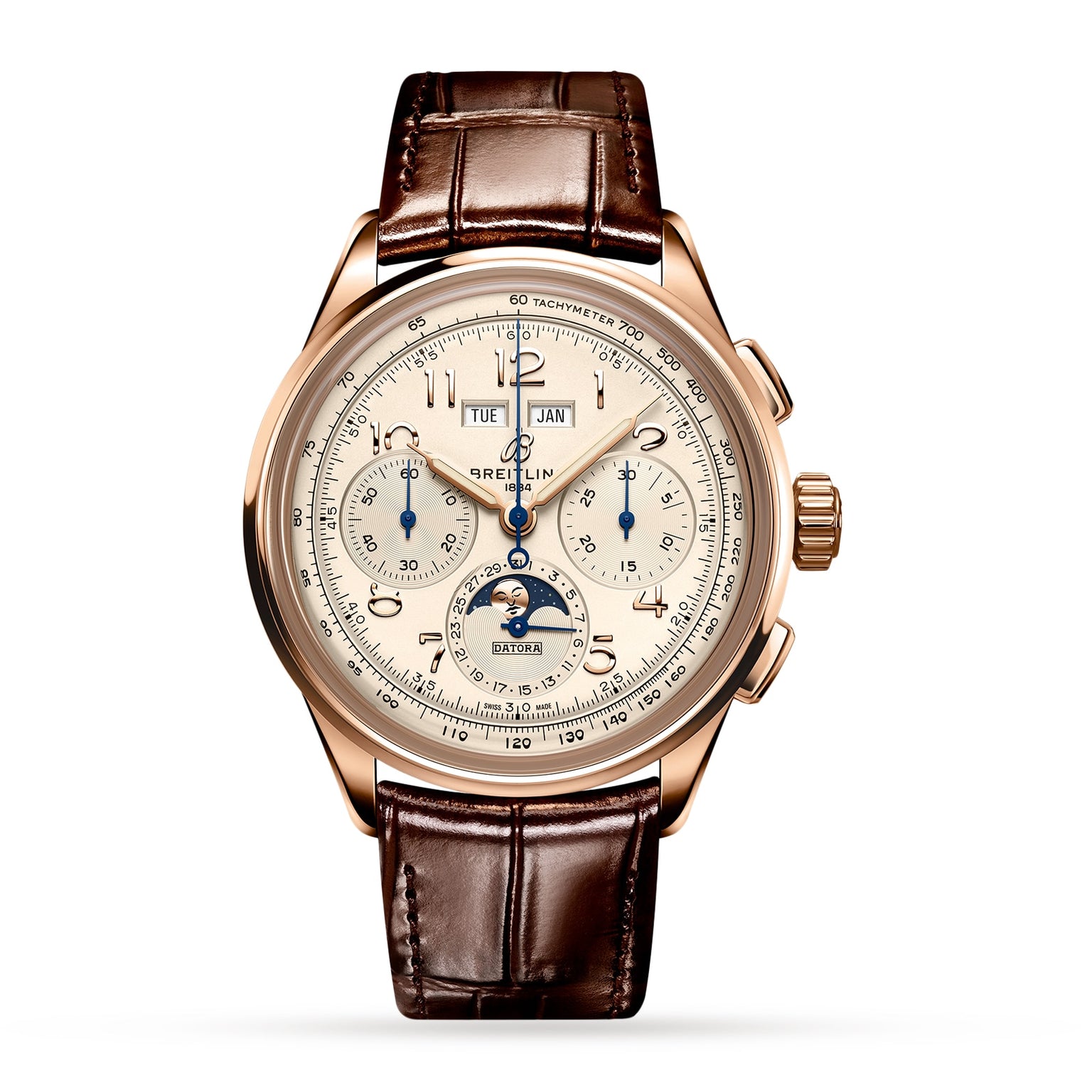 The Breitling Premier B25 Datora 42 is a luxury chronograph wristwatch with a brown leather strap, 18K red gold case, cream dial, multiple subdials, day and date windows, and a moonphase display.