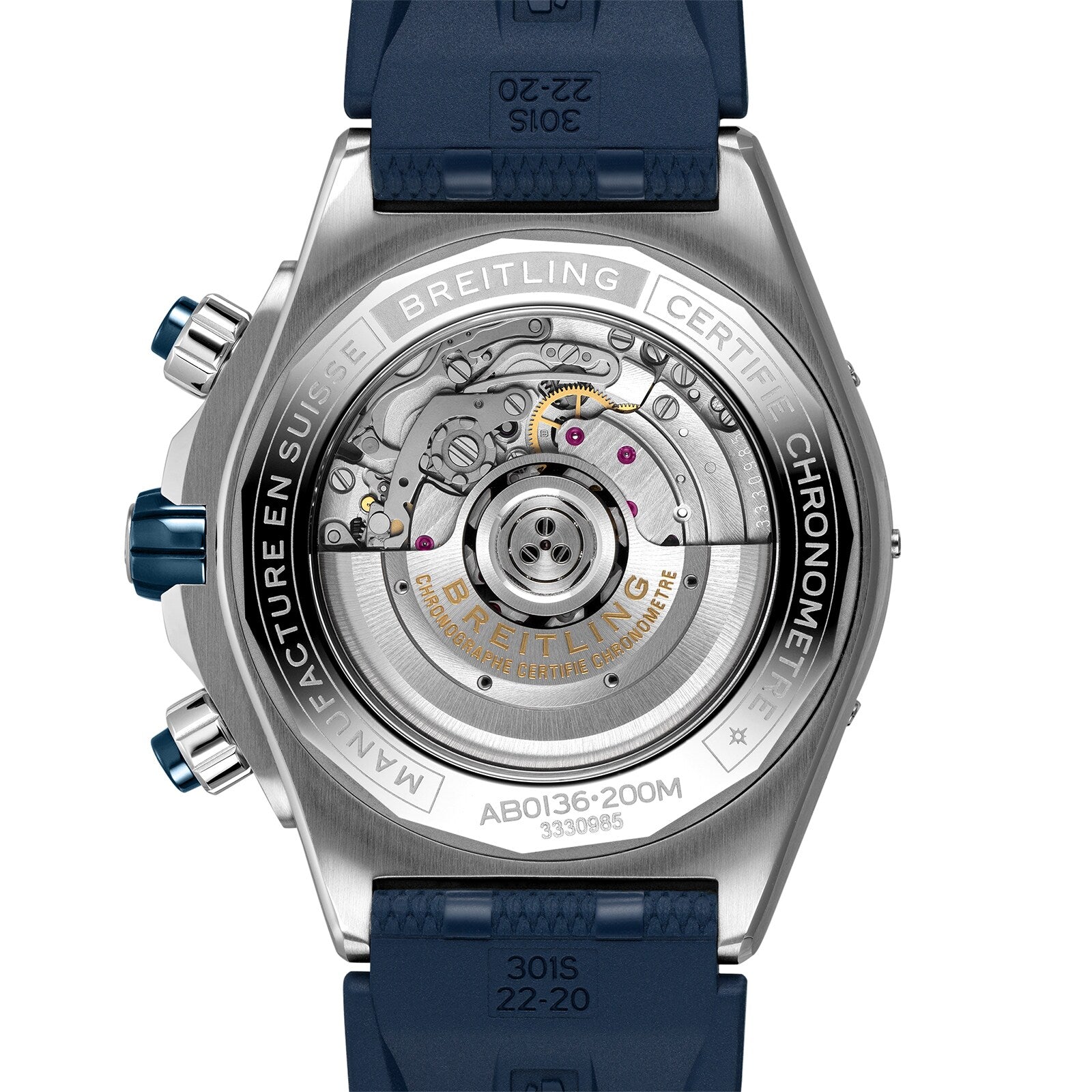 Close-up view of the back of the Breitling Super Chronomat B01 44, highlighting its exposed mechanical chronograph movement, chronograph buttons, and engraved specifications on the stainless steel case.