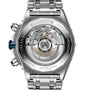 Back view of the Breitling Super Chronomat B01 44 wristwatch featuring an exposed mechanical chronograph movement, intricate engravings, and a polished metal bracelet.